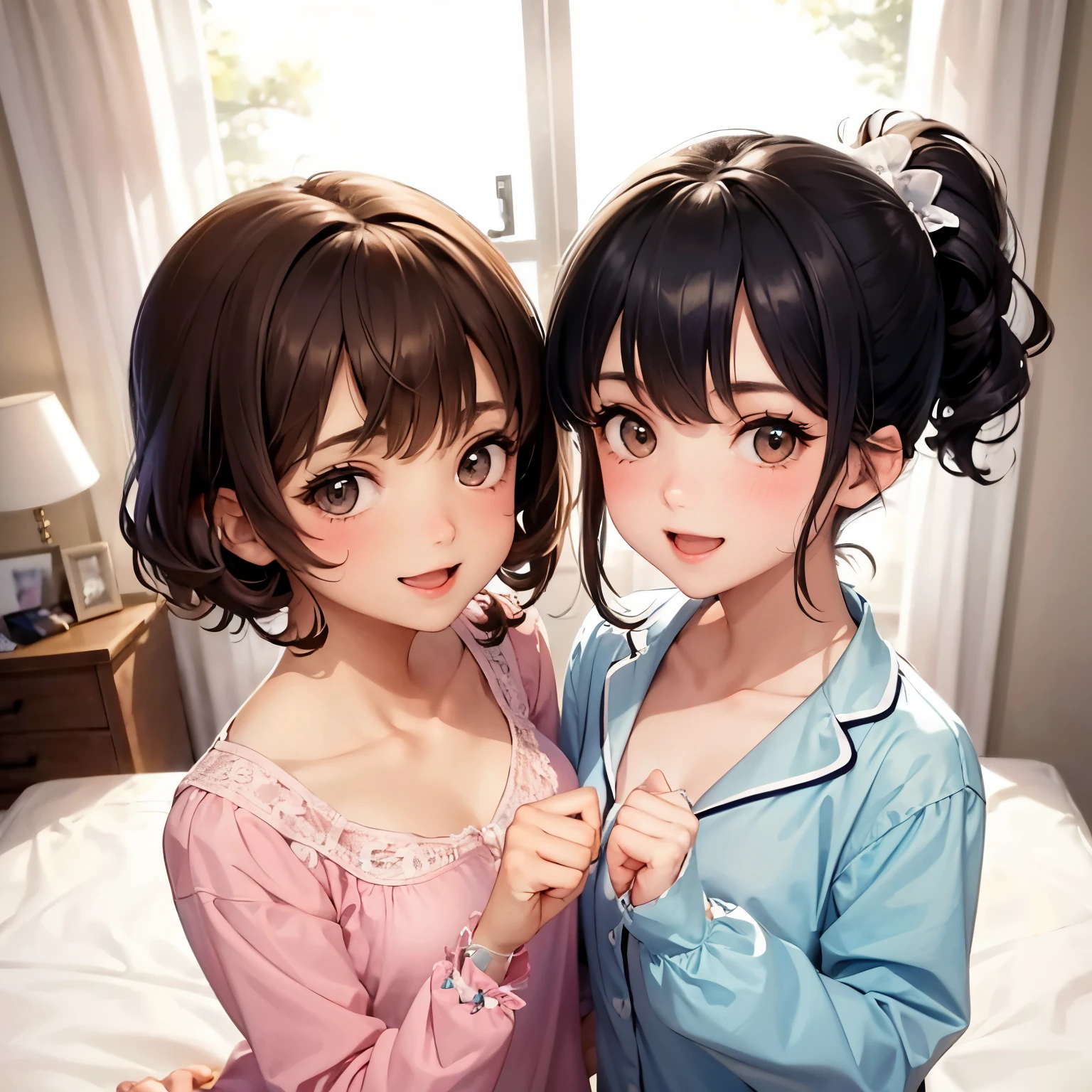 Two cute girls in nightgowns are happily hugging each other on the bed,They are both very cute,Smiling,girly girl with short curly hair、Boyish girl with ponytail,Accurately drawn face,a high school student,tre anatomically correct,perfectly proportions,Precise fingers,The pajamas are big so you can see a little of my chest......,Fun atmosphere,very flirty,Casual Bedroom,masterpiece,Best Quality,