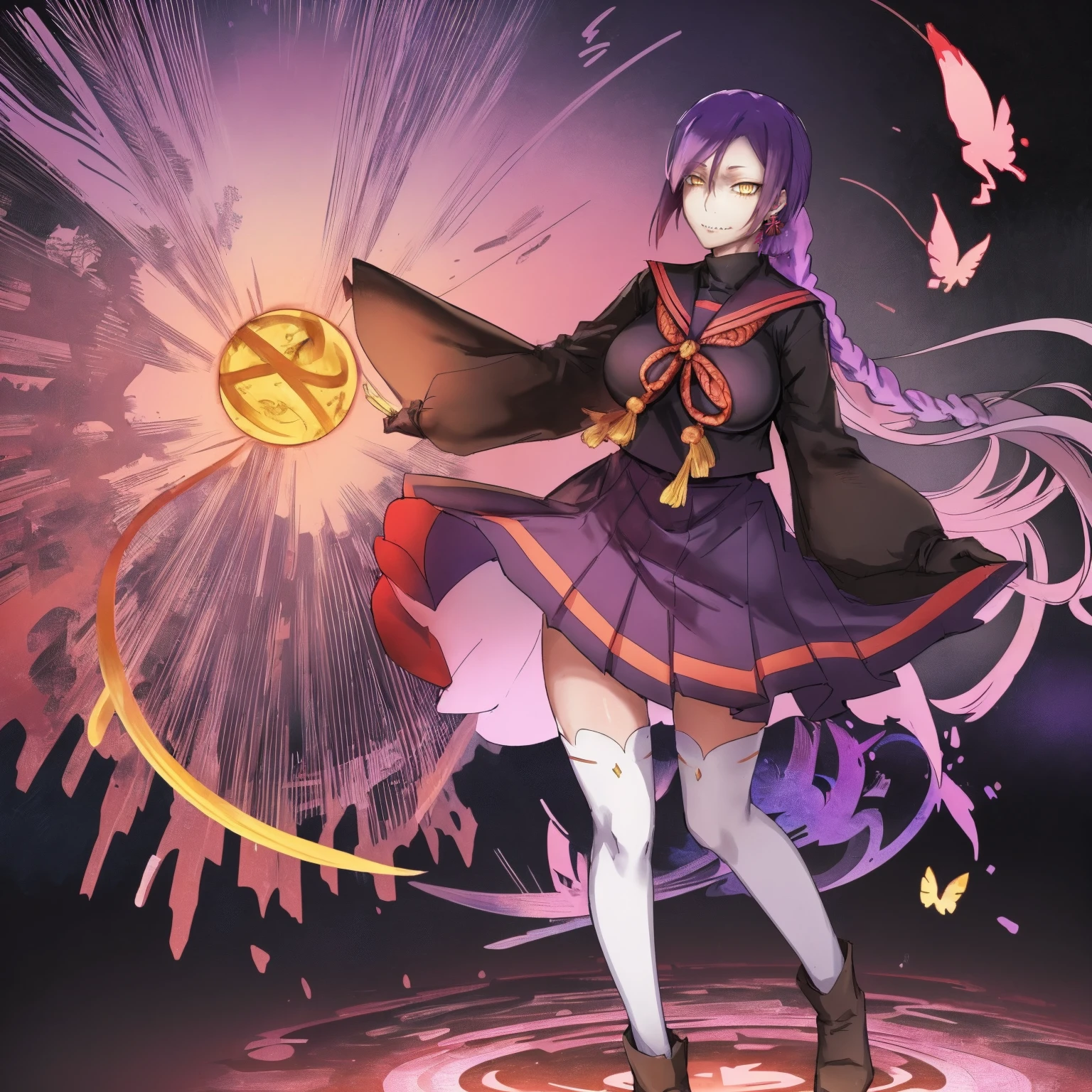 1girl, solo, looking at viewer, cowboy shot, hand arms full body,boots, standing,cute,breast, curvy, female,fantasy goddess,there is a cartoon picture of a woman with a very large breast, glowing divine being, glowing holy aura, inspired by Luma Rouge, the non-binary deity of spring, ethereal rainbow nimbus, the butterfly goddess of fire, inspired by Mariel, glowing aura around her, astral wind, as the goddess of the saturn, “uwu the prismatic person, big breast, serious, beautiful eyes, , full body, walking, long robe, long dress, ,priestess ,holy, smile, god rays, ray tracing, sparkle, cinematic lighting, UHD, retina, masterpiece, ccurate, anatomically correct, textured skin, super detail, high details, high quality, award winning, best quality, highres, 1080P, HD, 4K, thunder aura, light aura,full, snak staff,closed mouth #re:creators #maggane chikujoin: chikujoin magane sharp teeth single braid school uniform serafuku pleated skirt thighhighs gloves earrings Version No.:, long skirt, sharpteeth smile, pullover,tunic, standing, posing