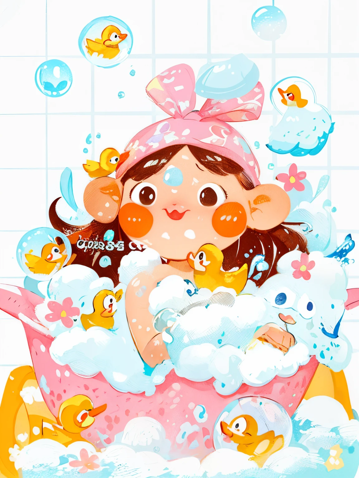 Cartoon girl taking bath with duck and bubbles, cute illustration, Cute and detailed digital art, Bubble bath, adorable digital art, Colorful illustration, Lovely detailed artwork, A beautiful artistic illustration, cute storybook illustration, cute artwork, Chuanghui Illustrations, Colorful children's book illustrations, hand painted cartoon art style, Watercolor illustration style, lovely art style, Children's book illustration