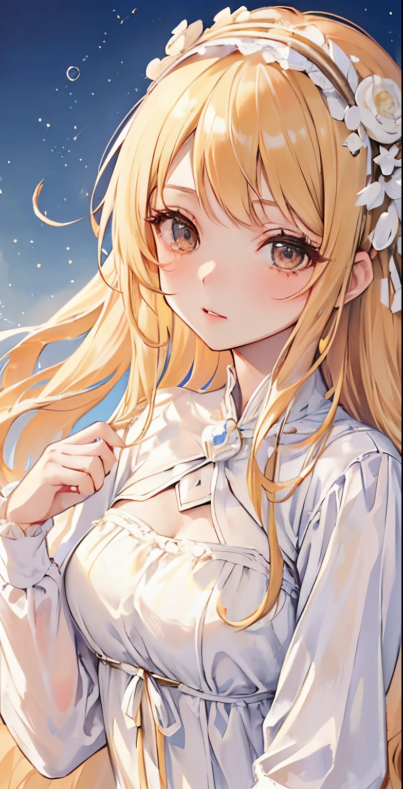((masutepiece)), High quality, super detailed, Blonde hair + White clothing: 1.2, sweet and delicate girl, nffsw, Lolita, Delicate facial features, Perfect figure, face with pearl decoration, bubbles surrounding, bright bright colors, romantic long hair, Natural light, warm and sweet, Brown eyes, gorgeous hair decoration.