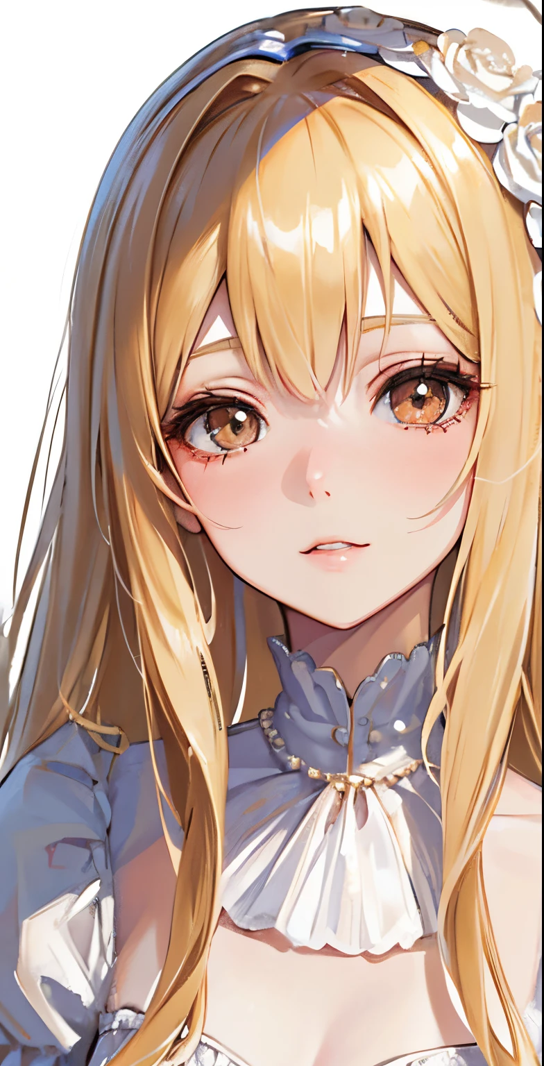 ((masutepiece)), High quality, super detailed, Blonde hair + White clothing: 1.2, sweet and delicate girl, nffsw, ta, Delicate facial features, Perfect figure, face with pearl decoration, bubbles surrounding, bright bright colors, romantic long hair, Natural light, warm and sweet, Brown eyes, gorgeous hair decoration.