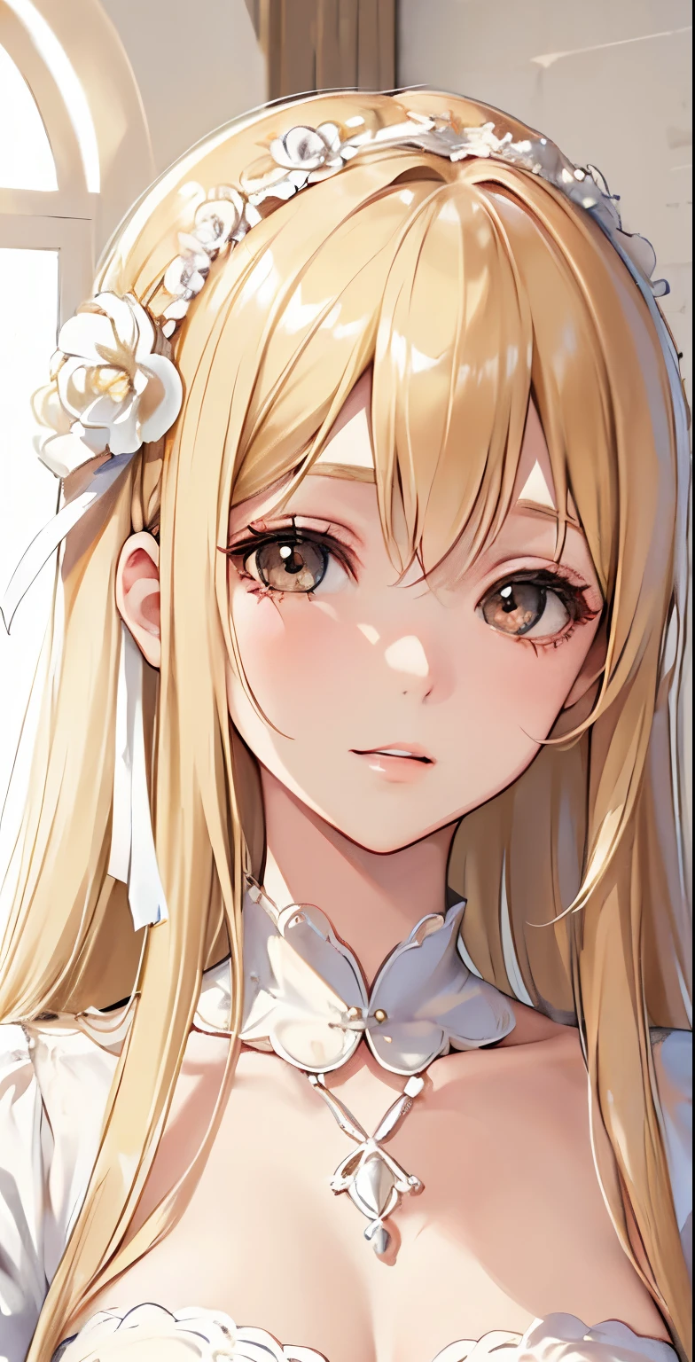 ((masutepiece)), High quality, super detailed, Blonde hair + White clothing: 1.2, sweet and delicate girl, nffsw, Lolita, Delicate facial features, Perfect figure, face with pearl decoration, bubbles surrounding, bright bright colors, romantic long hair, Natural light, warm and sweet, Brown eyes, gorgeous hair decoration.