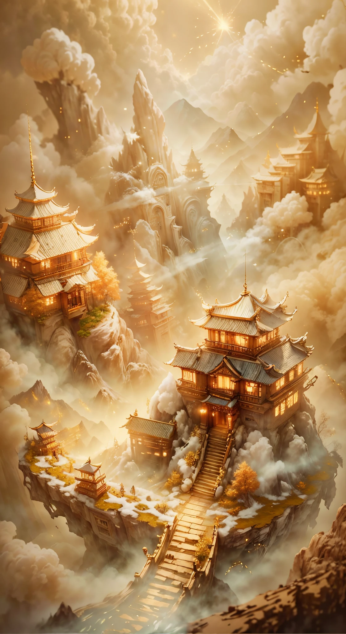 outlet,Gilded mountains,(Paper carving:1.5),tiltshift,(Cloud fog:1.3),viewed from bird's-eye,gentlesoftlighting,Oriental elements,like a dream,white colors,golden colored,Traditional Chinese color scheme,Reasonable design,Clear lines,High- sharpness,Best quality at best,The content is very detailed,tmasterpiece,offcial art,movie light effect,4K