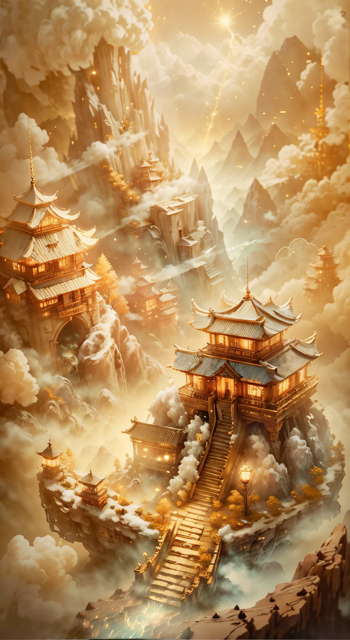 outlet,Gilded mountains,(Paper carving:1.5),tiltshift,(Cloud fog:1.3),viewed from bird's-eye,gentlesoftlighting,Oriental elements,like a dream,white colors,golden colored,Traditional Chinese color scheme,Reasonable design,Clear lines,High- sharpness,Best quality at best,The content is very detailed,tmasterpiece,offcial art,movie light effect,4K