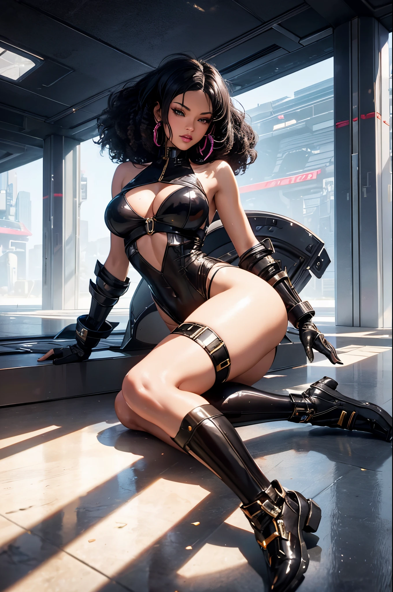 beautiful alluring futuristic gladiatrix rihanna with a very big afro, dark skin, swaety skin, at a futuristic arena, fantasy, cyberpunk theme, cleavage, gold metal futuristic bikini armor, Fiverr Dnd Character, Octane Render, Digital Art, Extreme Detail, 4k, Ultra Hd, Polished, Beautiful, Hyperdetailed, Intricate, Elaborate, Meticulous, Photorealistic, Sharp Focus, Wlop, Character Design, Unreal Engine, 3d Rendered, Volumetric Lighting, Reflections, Glossy, Digital Illustration, Sensual Pose, Suggestive Pose, Lewd, Full Body Shot, anatomically correct, 💖❤💕💋❣