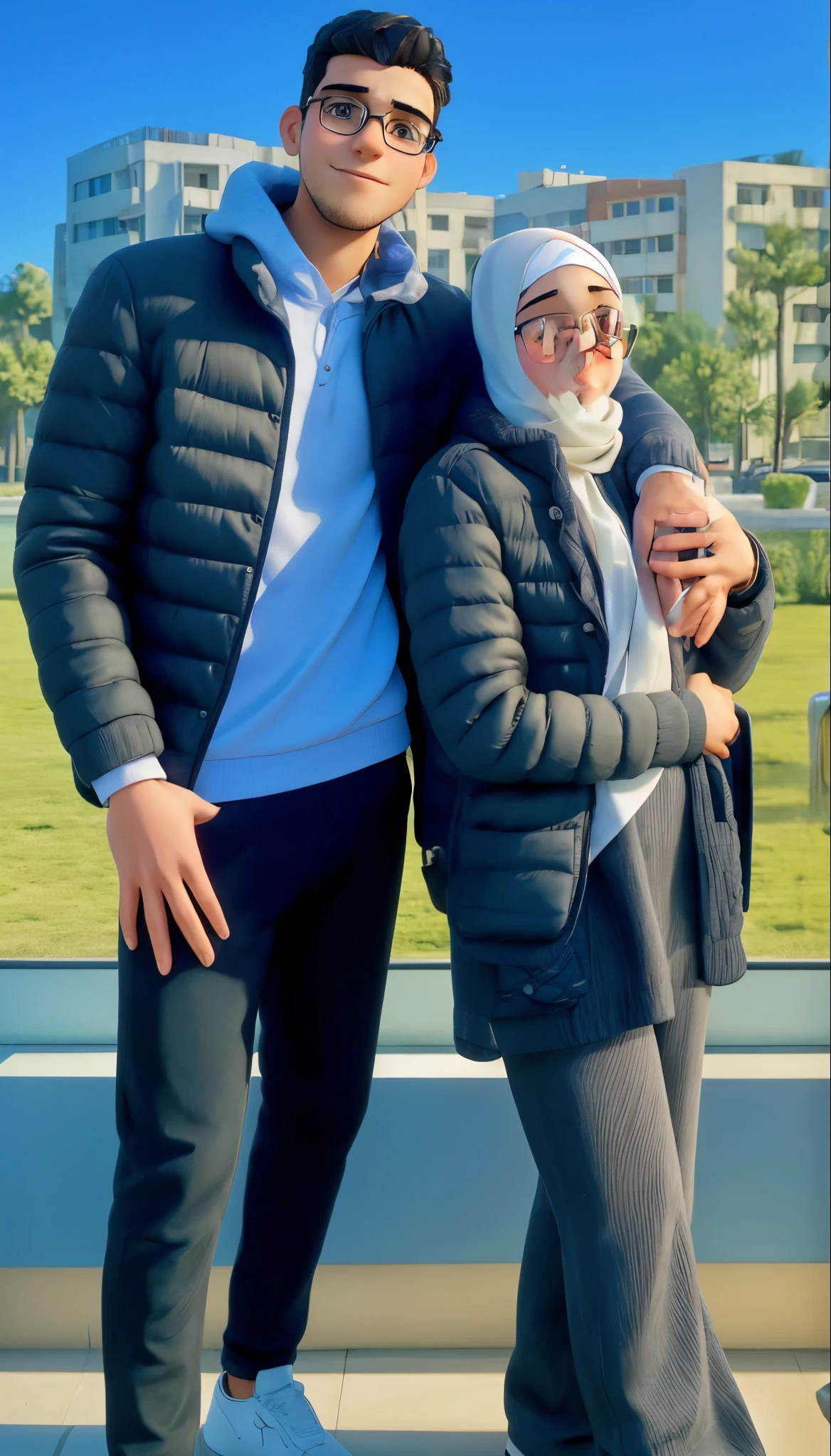 Young man with glasses hugging his girlfriend wearing a white hijab and looking at the camera