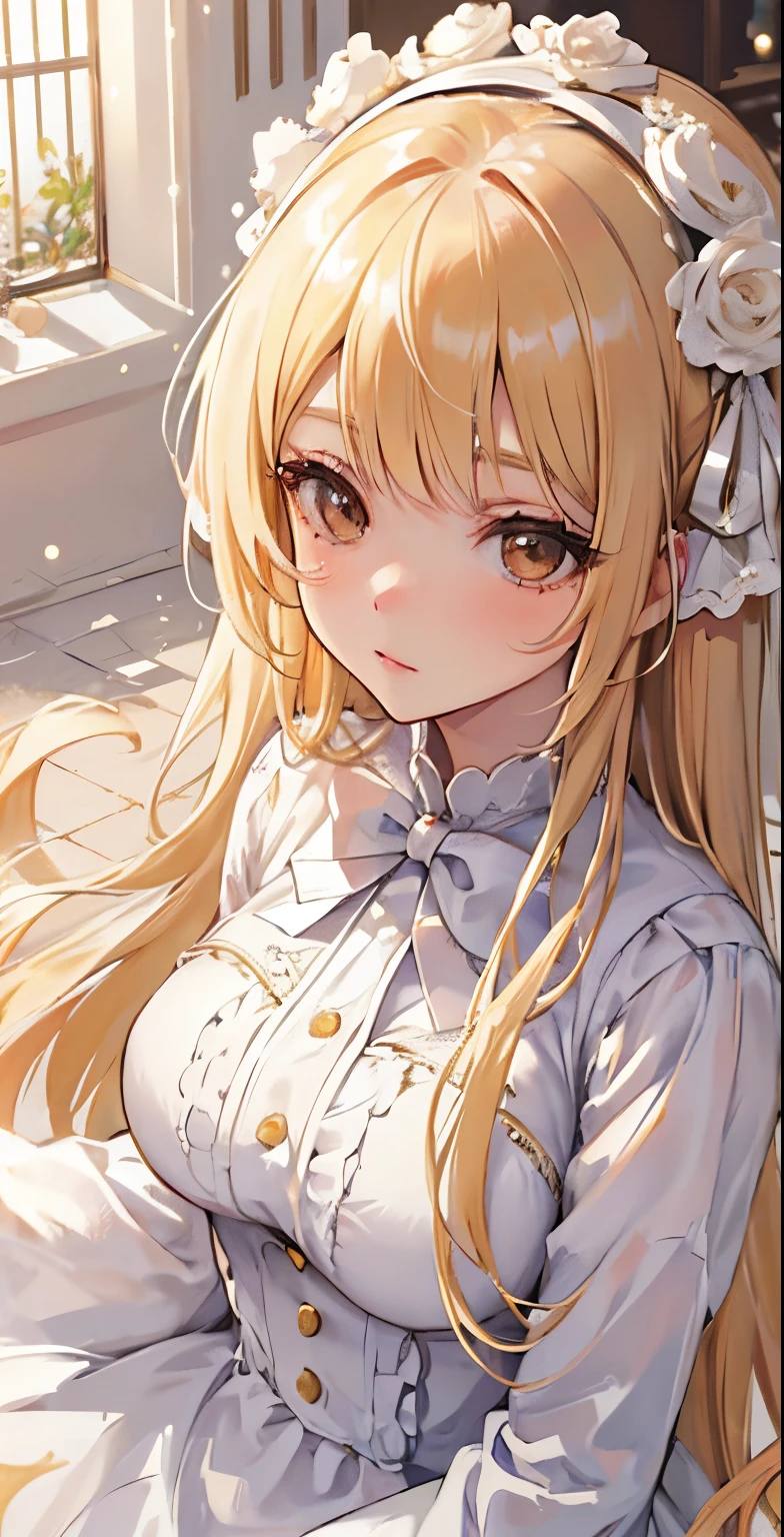 ((masutepiece)), High quality, super detailed, Blonde hair + White clothing: 1.2, sweet and delicate girl, nffsw, Lolita, Delicate facial features, Perfect figure, face with pearl decoration, bubbles surrounding, bright bright colors, romantic long hair, Natural light, warm and sweet, Brown eyes, gorgeous hair decoration.