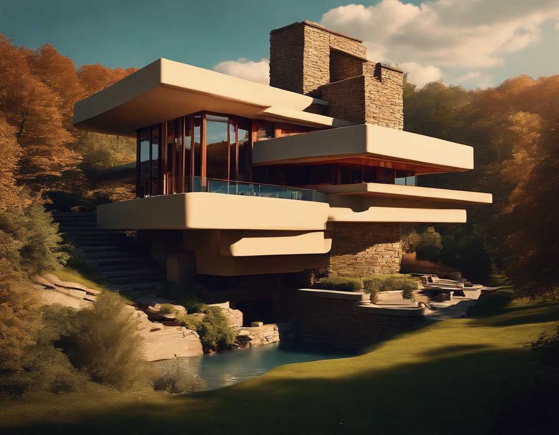 (((An amazing house))), (minimalism and brutalism style influence), ((Frank Lloyd Wright Fallingwater)),(((with large terracess))), (beautiful gardens), ((natural lake)), waterfall ((top of a small hill)), (in edge of a river), sunset, big, deep and beautiful clouds, illustration format, cool and warm color palette, high contrast, hard shadows (Masterpiece, highest quality), (Exquisite lighting and shadow, highly dramatic picture, Cinematic lens effect), (((Simon Stålenhag visual style))) 1 level house, big panorama windows, 200 square meter house, etage, avantgarde, future, flat roof, architecture inspired by Zaha Hadid, trees in the garden