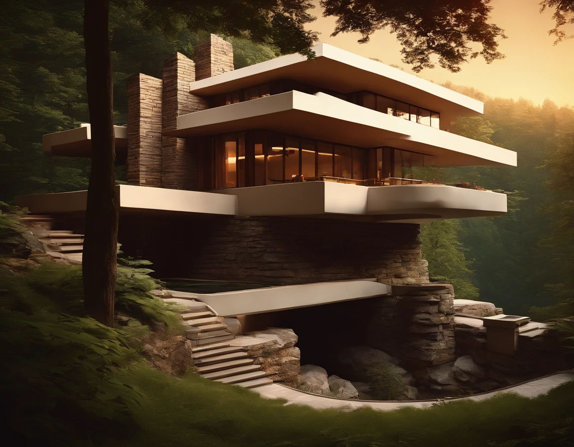 (((An amazing house))), (minimalism and brutalism style influence), ((Frank Lloyd Wright Fallingwater)),(((with large terracess))), (beautiful gardens), ((natural lake)), waterfall ((top of a small hill)), (in edge of a river), sunset, big, deep and beautiful clouds, illustration format, cool and warm color palette, high contrast, hard shadows (Masterpiece, highest quality), (Exquisite lighting and shadow, highly dramatic picture, Cinematic lens effect), (((Simon Stålenhag visual style))) 1 level house, big panorama windows, 200 square meter house, etage, avantgarde, future, flat roof, architecture inspired by Zaha Hadid, trees in the garden