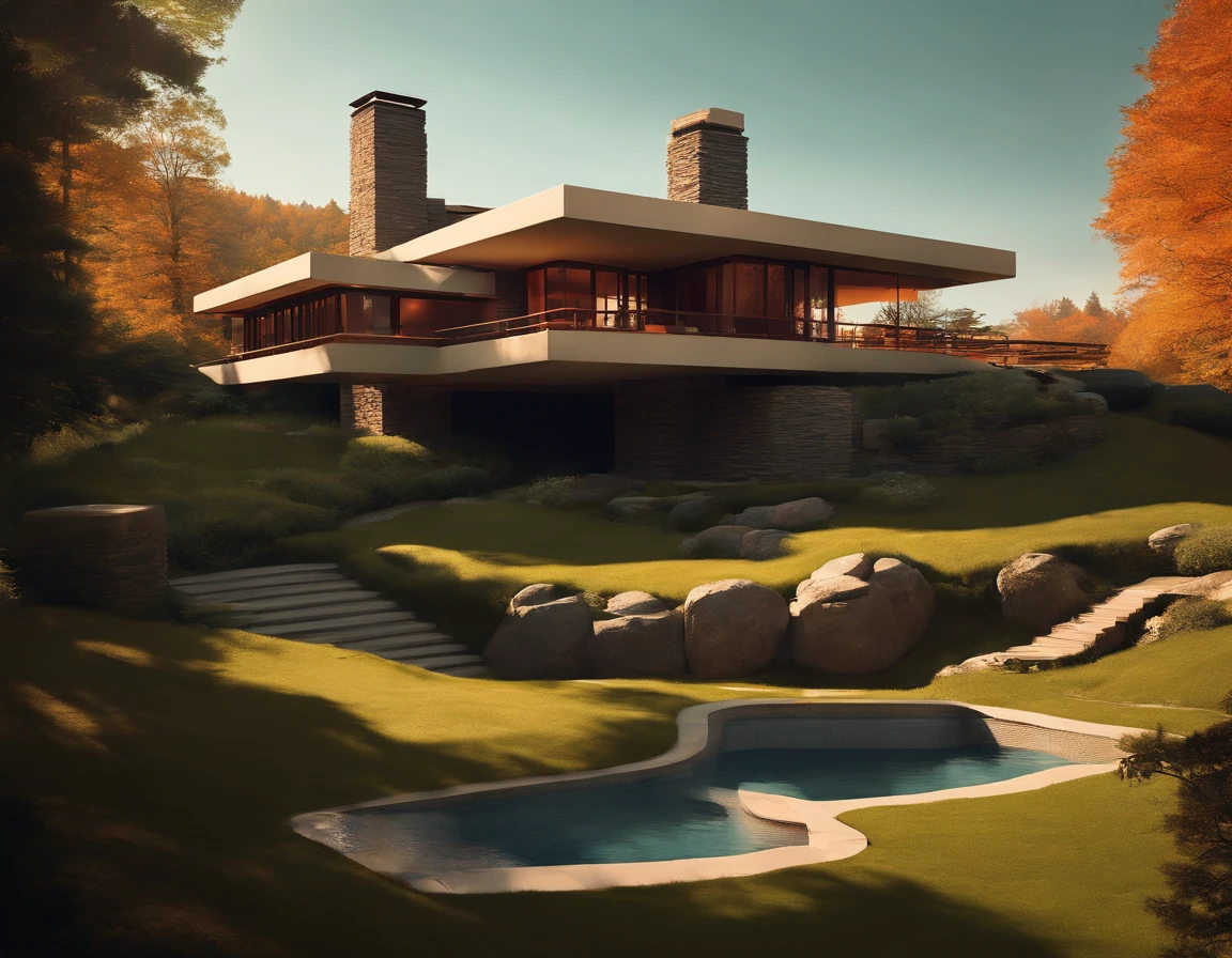 (((An amazing house))), (minimalism and brutalism style influence), ((Frank Lloyd Wright Fallingwater)),(((with large terracess))), (beautiful gardens), ((natural lake)), waterfall ((top of a small hill)), (in edge of a river), sunset, big, deep and beautiful clouds, illustration format, cool and warm color palette, high contrast, hard shadows (Masterpiece, highest quality), (Exquisite lighting and shadow, highly dramatic picture, Cinematic lens effect), (((Simon Stålenhag visual style))) 1 level house, big panorama windows, 200 square meter house, etage, avantgarde, future, flat roof, architecture inspired by Zaha Hadid, trees in the garden