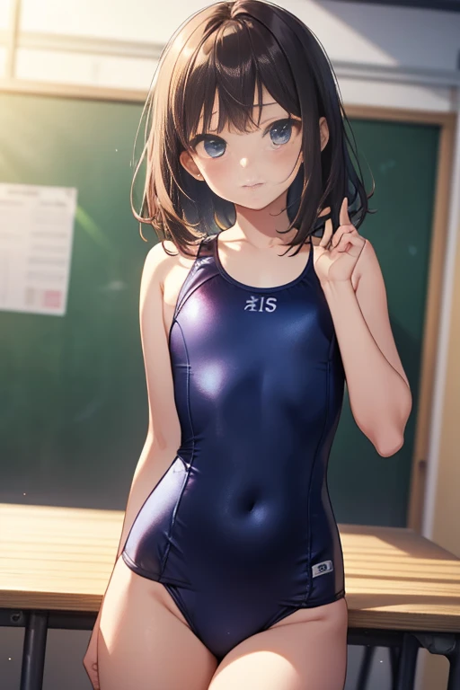 top-quality、Crotch open、complete fingers、Slender beauty、Medium Hair、knee high、Blue school swimsuit、Small breasts、school classrooms、School swim wear、 student、Age of junior high school students、Small eyes、Cute litt