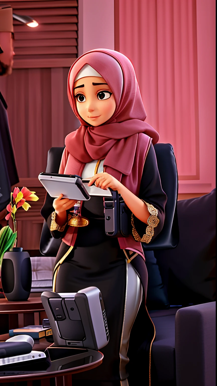 woman in hijab sitting on a couch using a tablet computer, tanned ameera al taweel, african ameera al taweel, smooth technology, arab ameera al taweel, checking her phone, soft glow, light glow, morning glow, ameera al taweel, smooth vibrancy, arab ameera al-taweel