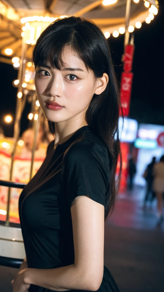 (8K, Raw photo, Best Quality, masutepiece:1.2), (Realistic, Photorealsitic:1.37) , 1girl in, (carousel, Night), Miao Xiaoji(secret_tee), Detailed face, Detailed eyes, Black Dress