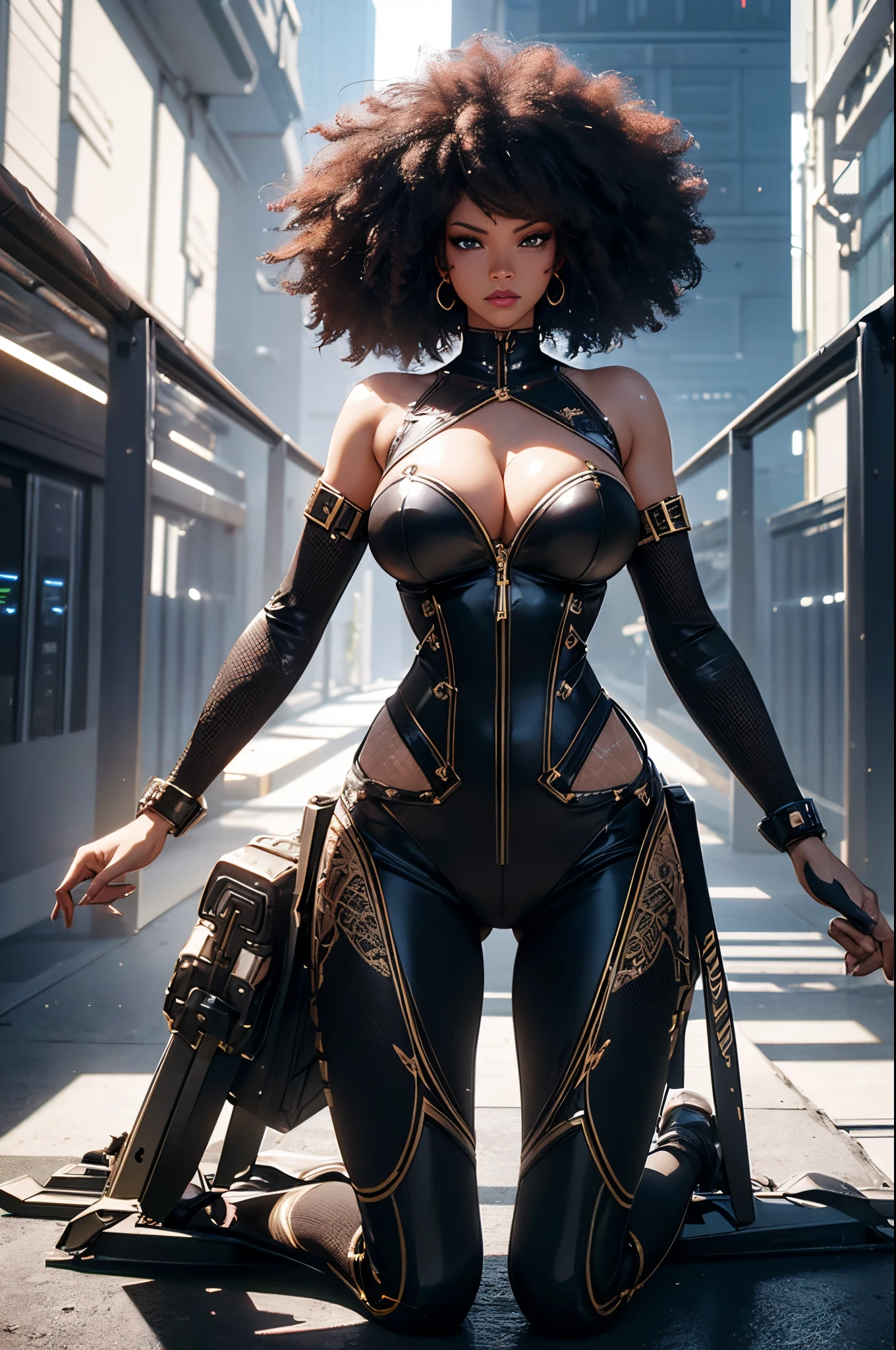 beautiful alluring futuristic gladiatrix rihanna with a very big afro, dark skin, swaety skin, at a futuristic arena, fantasy, cyberpunk theme, cleavage, gold metal futuristic bikini armor, Fiverr Dnd Character, Octane Render, Digital Art, Extreme Detail, 4k, Ultra Hd, Polished, Beautiful, Hyperdetailed, Intricate, Elaborate, Meticulous, Photorealistic, Sharp Focus, Wlop, Character Design, Unreal Engine, 3d Rendered, Volumetric Lighting, Reflections, Glossy, Digital Illustration, Sensual Pose, Suggestive Pose, Lewd, Full Body Shot, anatomically correct, 💖❤💕💋❣