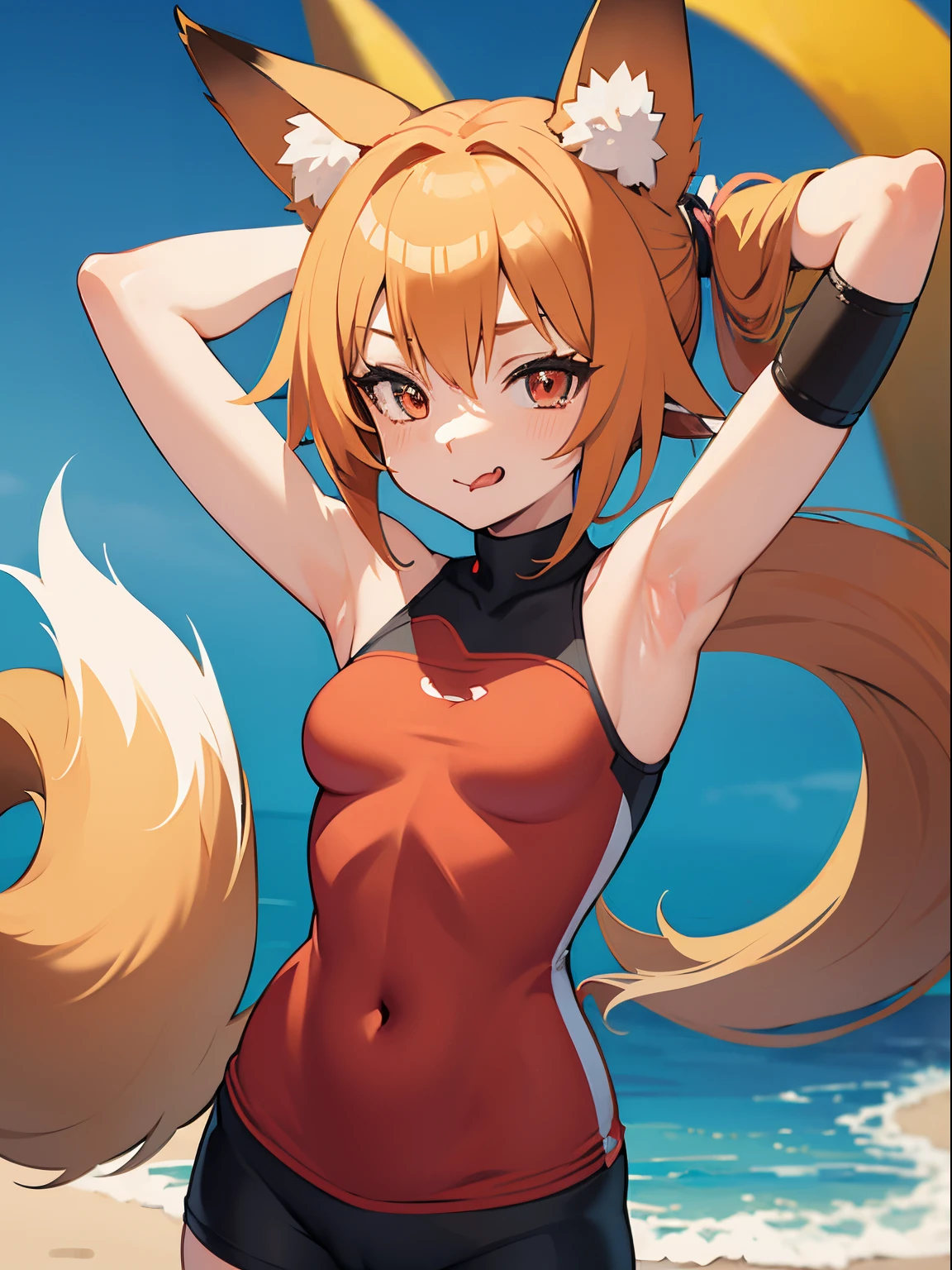 Fox Girl, ((((Furry))), furry, golden fur, long blonde hair, golden fur all over, golden fur on hands, forelimb hands, golden fur on the back of the hand, palm fur, eyes with light, red eyes, super cute face, brown element on fur, bikini, ambient light, super fine fur, volumetric light, noon, clouds in the sky, blue day, natural lighting, smile, fluffy tail, color contact lenses