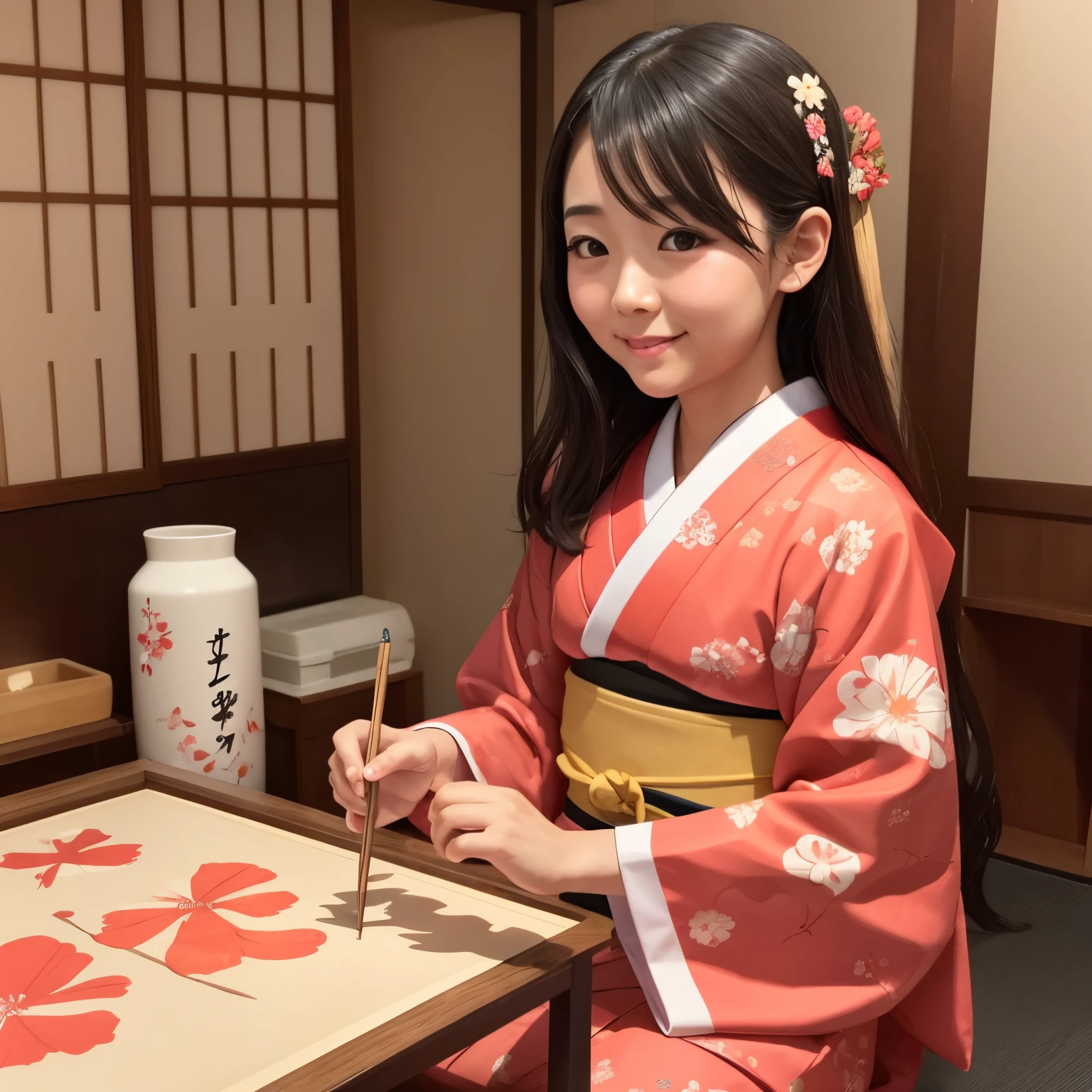 photoRealstic、Japanese New Year traditional events、A girl who begins calligraphy