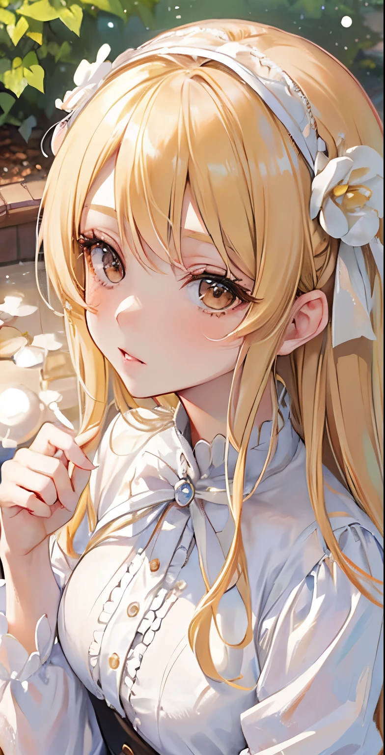 ((masutepiece)), High quality, super detailed, Blonde hair + White clothing: 1.2, sweet and delicate girl, nffsw, ta, Delicate facial features, Perfect figure, face with pearl decoration, bubbles surrounding, bright bright colors, romantic long hair, Natural light, warm and sweet, Brown eyes, gorgeous hair decoration.