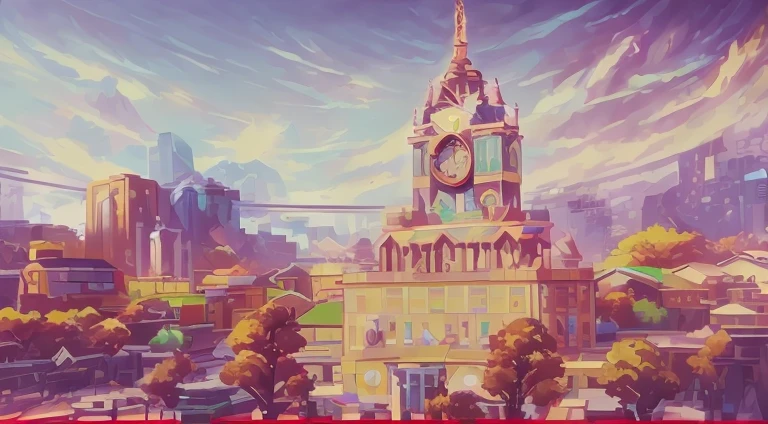 Refer to the style in the picture to generate four different scenes of a campus scene with trees and buildings., Anime Landscape Anime Background Art, Environmental design illustration, landscape artwork, some square paintings, warm color scheme art rendition, Landscape art detailed, inspired by senior environment artist, Colorful concept art, colored concept art, Watercolor illustration style, drawn in anime painter studio,Containing four different scenes of spring, summer, autumn and winter, there is a painting of a city bell tower, overwatch building, zootopia concept art, stylized concept art, Small town background, in zootopia city, painterly concept art, the clock tower, arte de fundo, background artwork, digital painting concept art, anime style cityscape, 《Kola Legend》Set, low details. digitial painting, arte renderizada, Downtown background