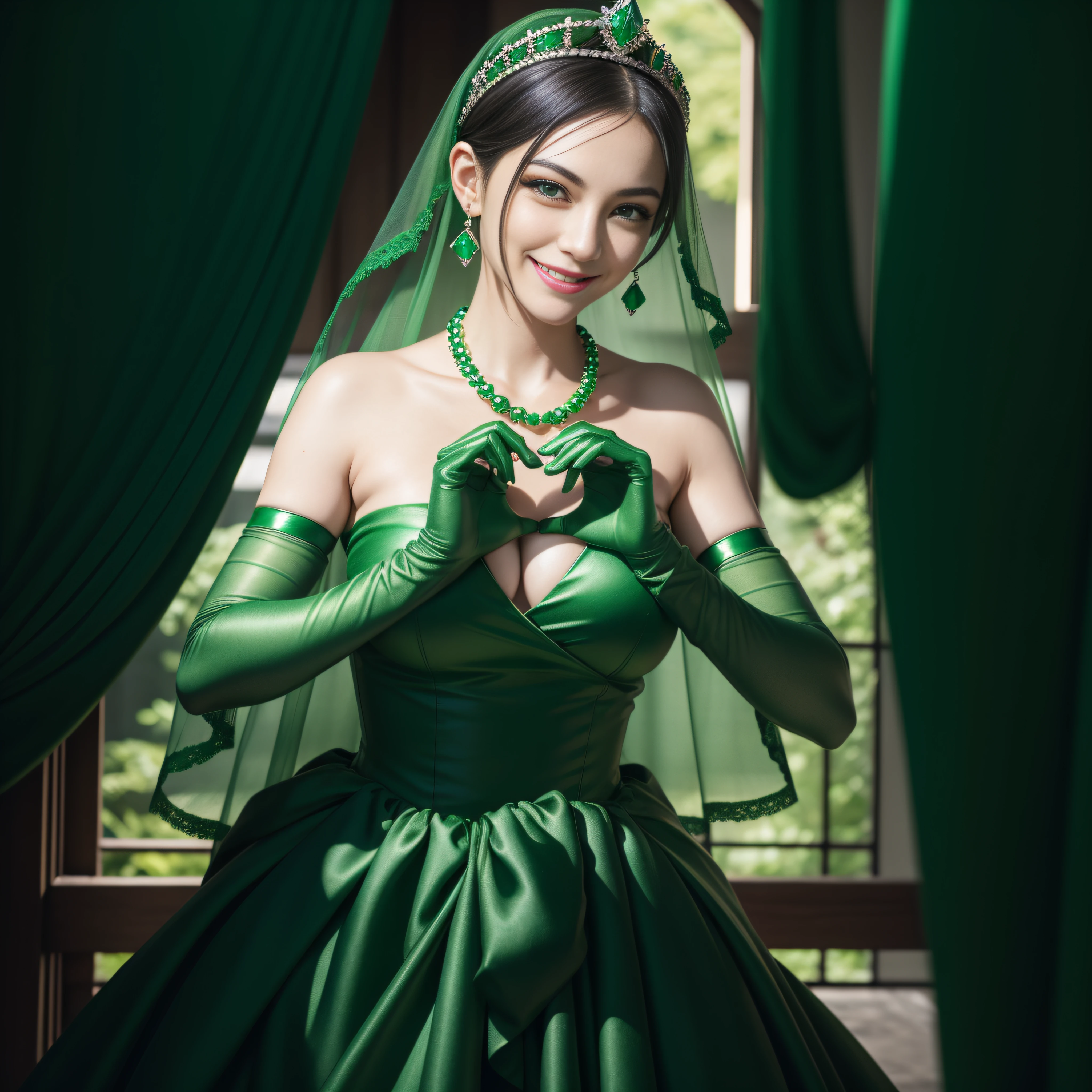 emerald tiara, Green Pearl Necklace, Boyish very short green hair, lipsticks, Japan woman smiling, very short short hair, big breasts beautiful, Green eyes, Long green gloves made of satin material, Green eyes, Emerald Earrings, green vale, Heart with both hands, Green hair