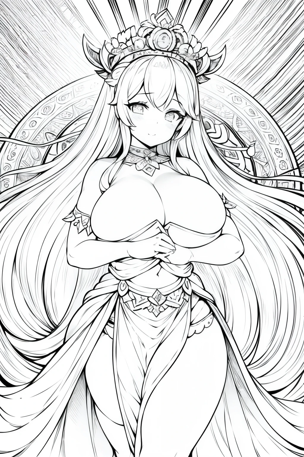 Line art of goddess , mono color, gigantic breast, lineart, monochrome