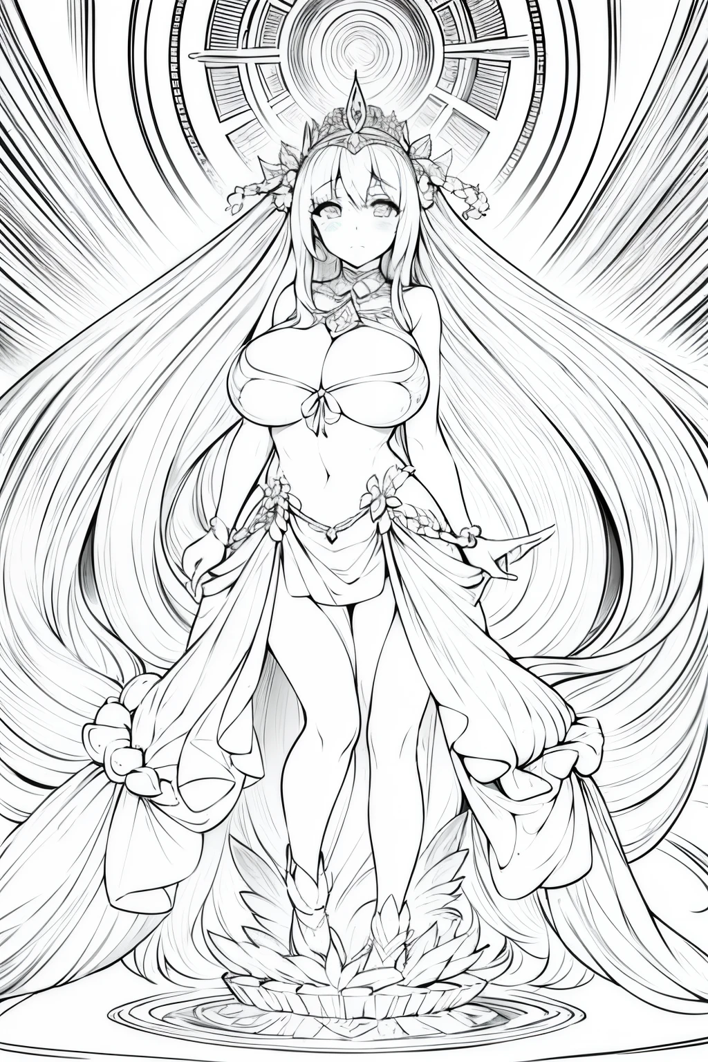 Line art of goddess , mono color, gigantic breast, lineart, monochrome