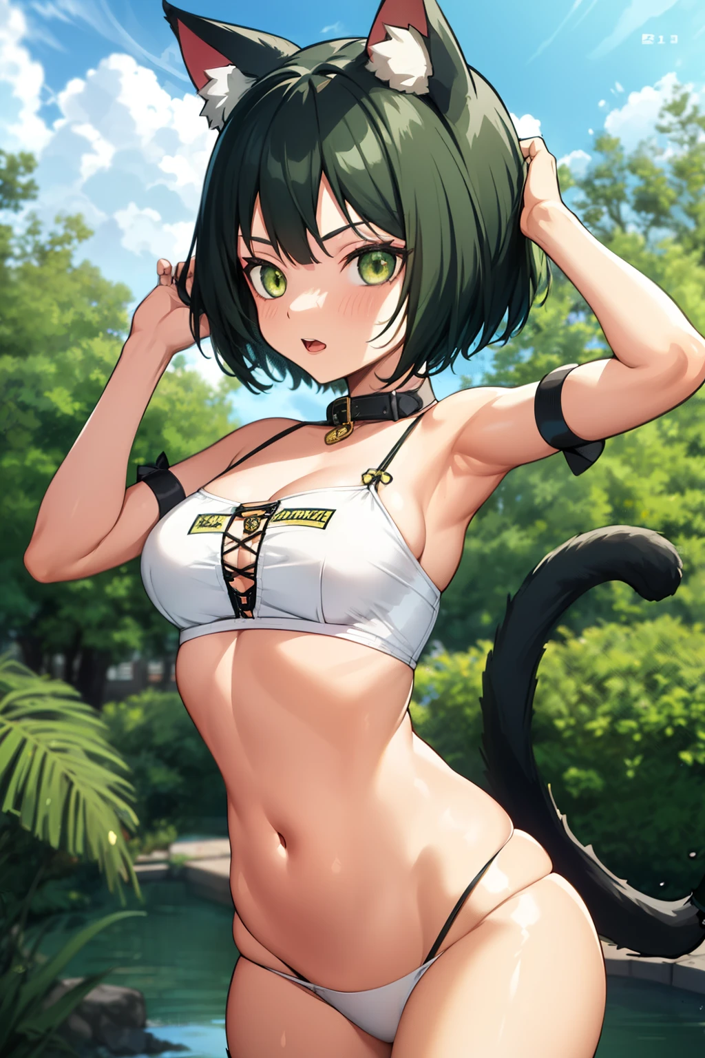 Cute girl, dark green hair, yellow eyes, short hair, cat ears, cat tail, cat collar, sexy body, sex, sexy, with another person