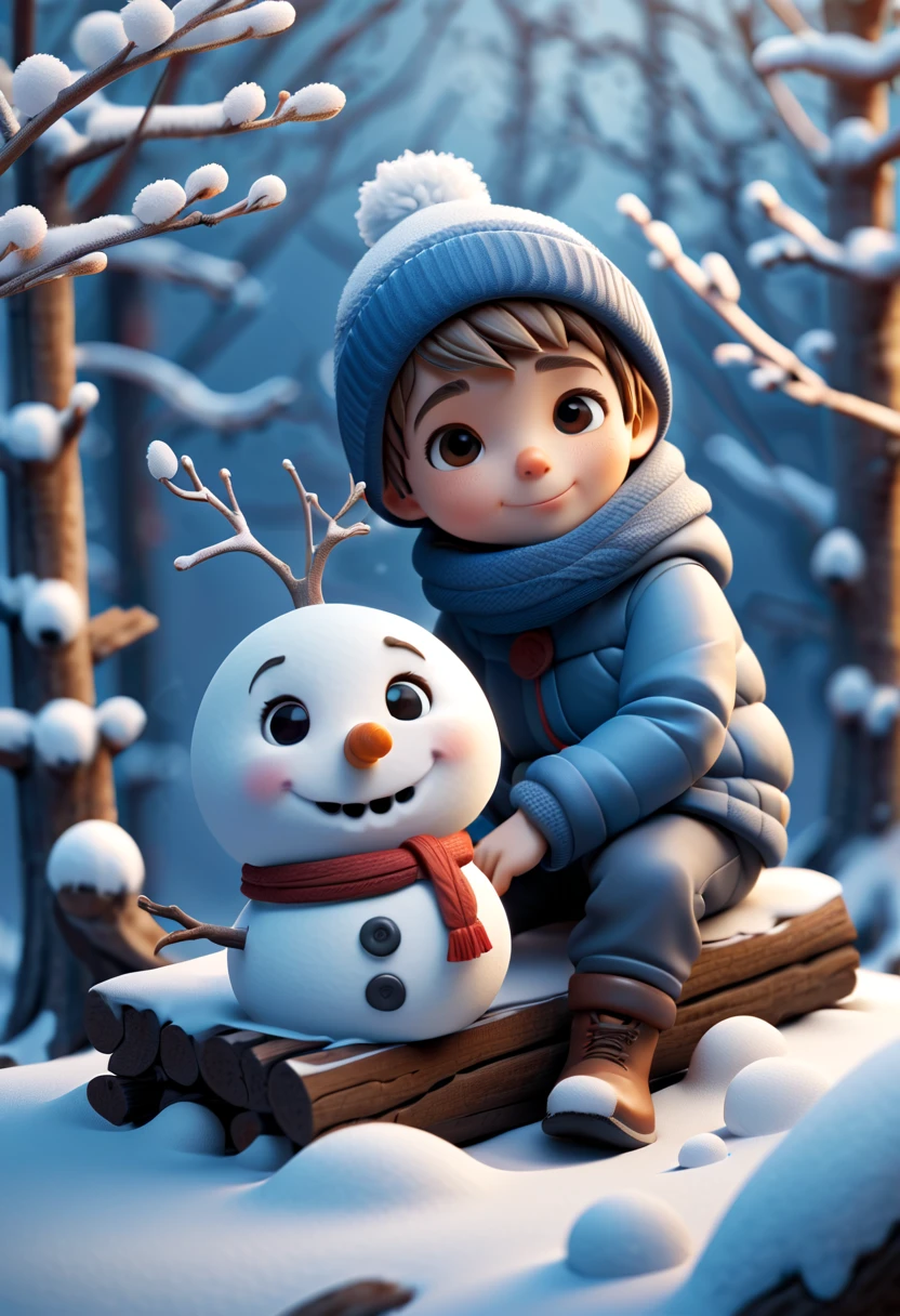 Winter, snow, branches, winter solstice, snow, snowman, cute and handsome  boy sitting on wood, 24 Solar terms poster, Fantasy, landscape, zbrush, Brush, 3D, C4D, NFT, Blender, Toys/dolls, Cute, characters, Disney, Pixar, Chibi, Nendoroid, Tiny, little, Funko