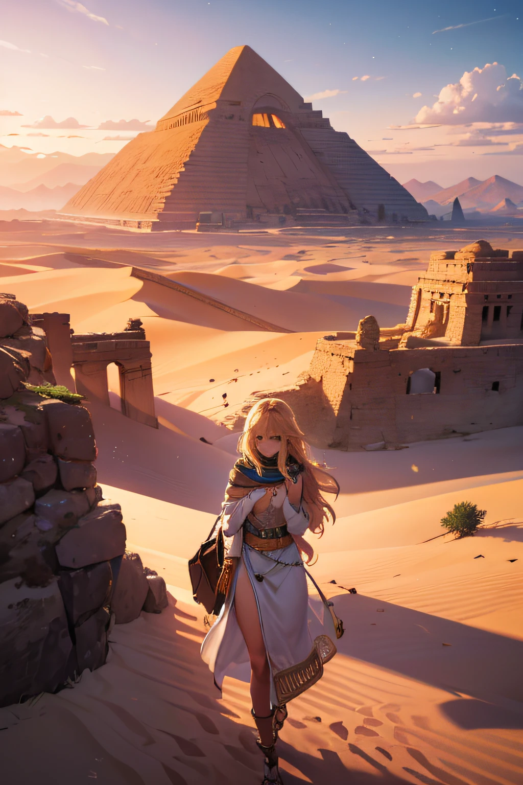 girl,egyptian,sandy desert,beautiful detailed eyes,beautiful detailed lips,exotic look,sand dunes,pyramids,ancient civilization,hot and dry,adventure,explorer,traditional clothing,golden sands,historical setting,loose flowing hair,mysterious atmosphere,ancient pharaohs,shimmering mirage,sun-drenched landscape,treasure hunter,ornate jewelry,silk garments,distant oasis,majestic ruins,colorful spices,nomadic tribes,scorching sun,archaeological expedition,hidden tombs,dreamy sunset,enigmatic symbols,luxurious palaces,desolate beauty,caravans,ancient artifacts,lost civilizations,mysterious hieroglyphics,alluring charm,mythical creatures,atmospheric lighting,lush vegetation,secret passages,glowing torches,hidden treasures,sphinx,adorned camels,journey to the past. (best quality,4k,8k,highres,masterpiece:1.2),ultra-detailed,realistic,photorealistic:1.37,portrait,landscape,vivid colors,warm tones,soft lighting.