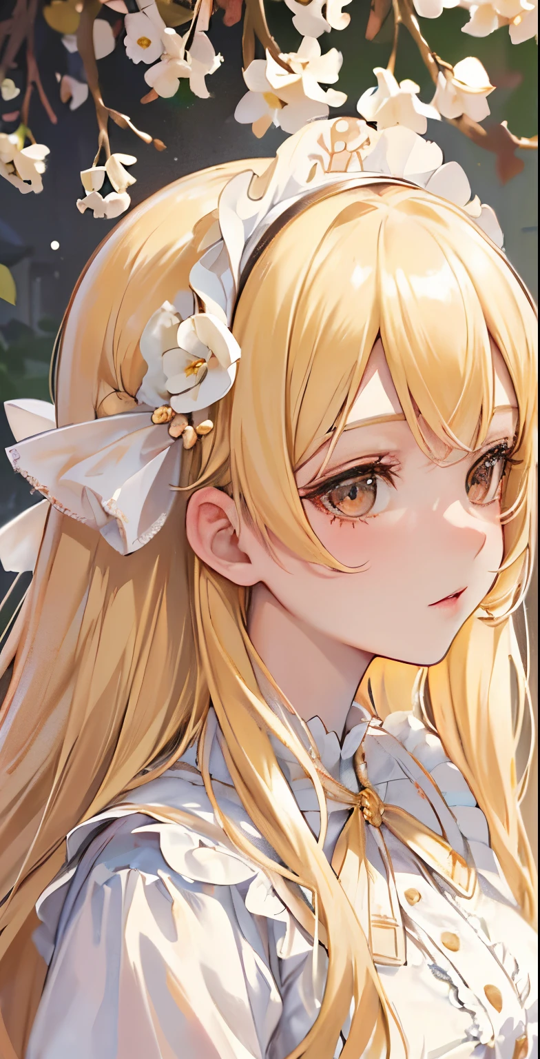 ((masutepiece)), High quality, super detailed, Blonde hair + White clothing: 1.2, sweet and delicate girl, nffsw, ta, Delicate facial features, Perfect figure, face with pearl decoration, bubbles surrounding, bright bright colors, romantic long hair, Natural light, warm and sweet, Brown eyes, gorgeous hair decoration.