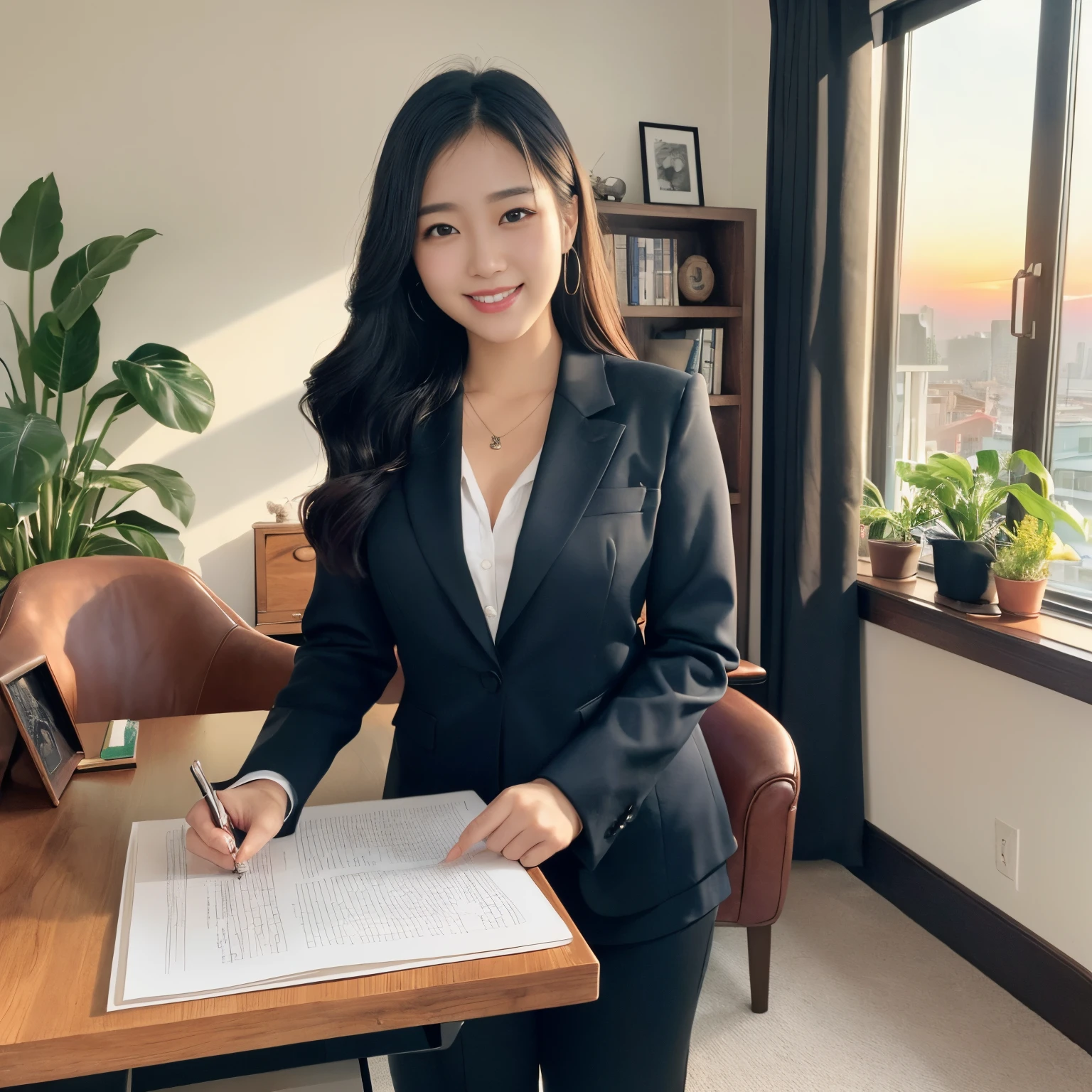 ((top-quality、masutepiece、8K、Top image quality))、(女性1人、She's in the office、Photo from the waist of a woman、cowboy shot)、Chignon、Navy Suit Jacket、Formal blouse、navy formal pants、chief executive officer's room、president’s office、Take a photo from the waist up、Upper body photo、((Giant sunset、Fantastic sunset、beautiful and spectacular sunset、Romantic sunset))、(classy desk、luxury leather chair、1 large bookshelf、1 houseplant、Quality interior、gotik、top grade、solemnity、moderno、antique interior、calm office、Elegant and calm atmosphere、The floor is a luxurious carpet、Sense of cleanliness)、perfect anatomia、View me、Sad smile、Beautiful teeth、perfect anatomia