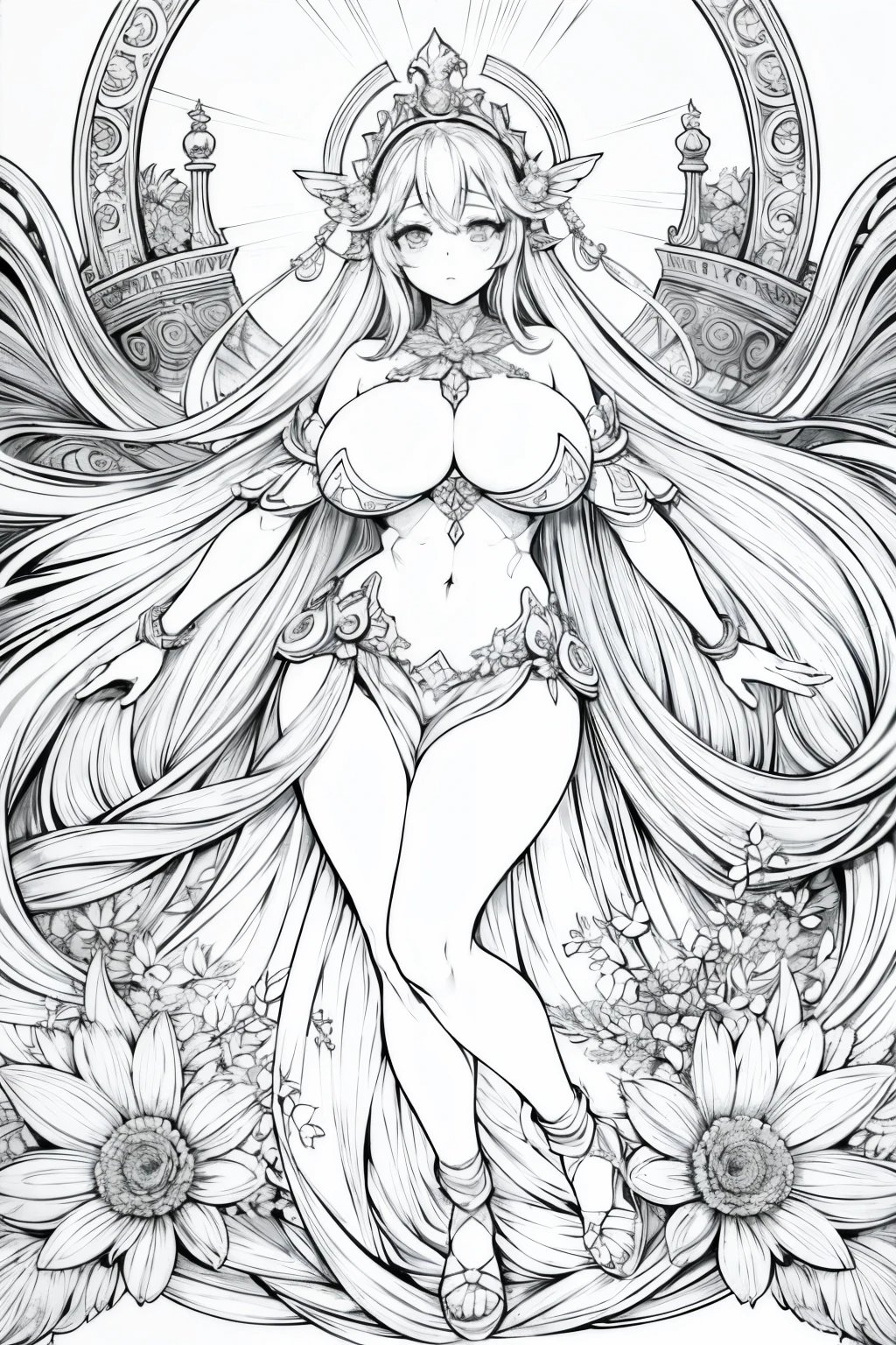 Line art of goddess , mono color, gigantic breast, lineart, monochrome