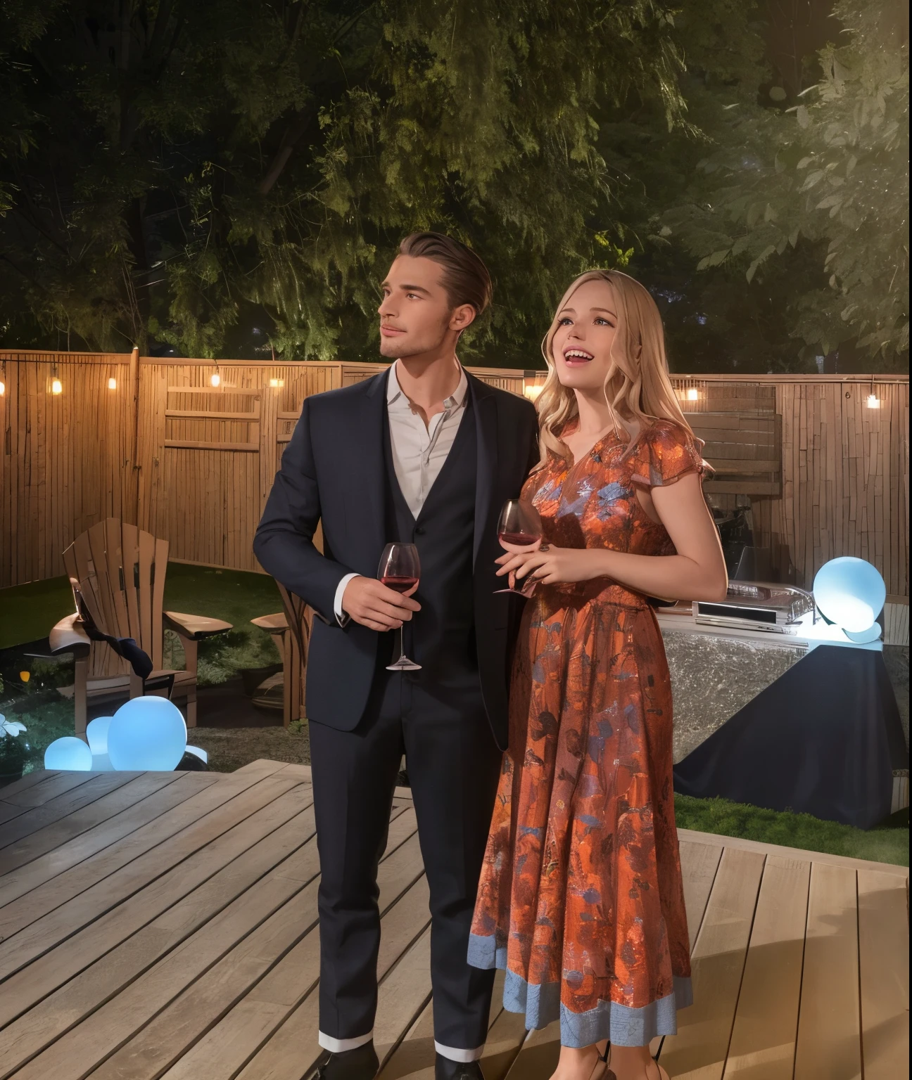 there are two people standing on a deck with a glass of wine, by Else Alfelt, tv show still, production still, abcdefghijklmnopqrstuvwxyz, night setting, profile picture, profile image, dusk setting, # film, summer evening, james jean and petra cortright, set at night, evening at dusk