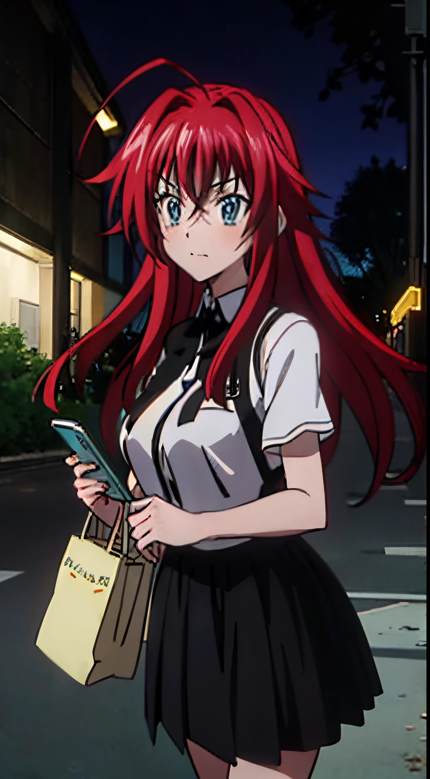 masterpiece, best quality, 1girl, long hair, looking at viewer, :3, cute, black school uniform, outdoors, streets, cowboy shot, large breasts, curvy, (((blue eyes))),  rias gremory, red hair, antenna hair,  wavy hair, ((beautiful detailed eyes, beautiful detailed glow, lots of glow)), anime screencap,night, park, sky full of stars,carrying a bag, carrying a phone