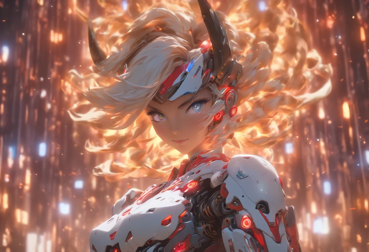 (cow boy shot:1.2),(wide - angle shot), (shot from afar:1.3), (Complicated details:1.4), (tmasterpiece) , ((anime robots, Beautiful puppet, ((white skinned)), angelicales, 1个Giant Breast Girl, magia)), (Perfect aesthetic eyes:1.3) , (詳細な目) , (The halo:1.2) , (Ring of Fire:1.3), (Mechanical wings), (wings:1.3), glowing, Double ponytail hair, Colorful hair, (Perfect hands:1.1), (Anatomically correct body:1.4), (s the perfect face), Majestic guardian knight | Super detailed robot armor | 电影灯光 | intricate filigree metal design | 16k | Unreal Engine5 | octaneratingrendering | 3D, (Anatomically correct :1.4), (Holographic hyperspace metaverse 50mm, ultra - detailed, Fantasy Background, Be red in the face, Alone), (Combat posture:1.3), (Magic Array:1.3), lightning effects, (Ray traching), Show your abilitiesA.my., (glowing light eyes) , (Luminous Particle) , 16k wallpaper, Robot woman,