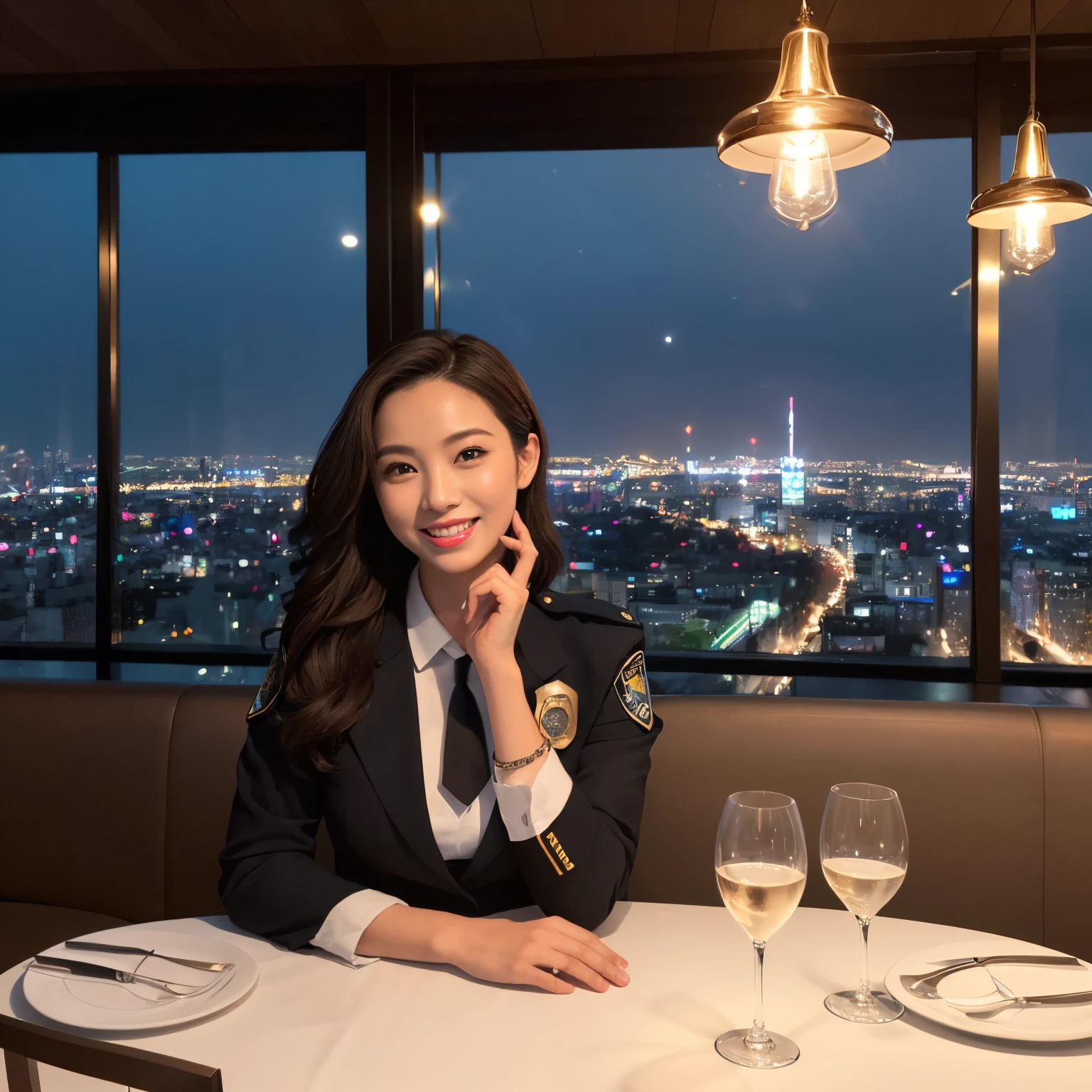 ((top-quality、masutepiece、8K、Top image quality、super-fine))、(1 female police officer、Perfect Police Officer Uniform、real police officer)、straight haired、photo from her waist、The background is a high-end restaurant on the 40th floor....、High-end restaurant in a high-rise building、gothic and gorgeous、Night view from the large window、Huge windows、Amazing night view from the big windows、Sit in the window seat、While looking at the wonderful night view、The view from the 40th floor is amazing、A very beautiful and complex night view、Luxury restaurant with night view、Very complex and detailed night scene、very classy restaurant interior、gorgeous lighting、Dim lighting、Very elegant and classy lighting、It feels very luxurious、very luxurious atmosphere、The most luxurious and elegant interior、The most exclusive atmosphere in the world))、She's looking at me、Sending you the happiest smile、Biggest smile、perfect anatomia、A detailed face、Perfect fingers
