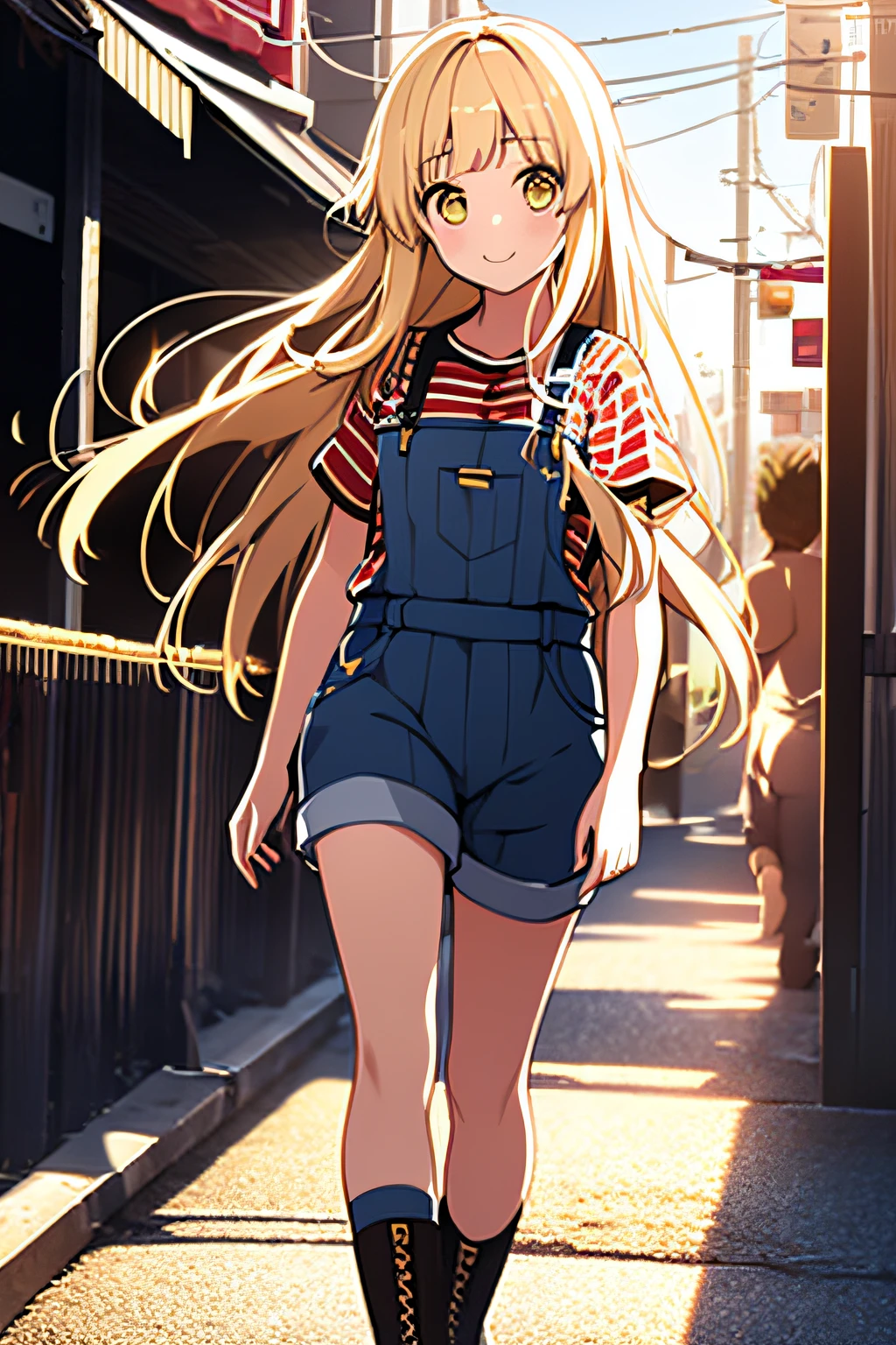 top-quality、extremely delicate and beautiful、Kokoro Tsurumaki Detailed background overalls,Gold Bikini、is standing、Facing the front、Combat boots