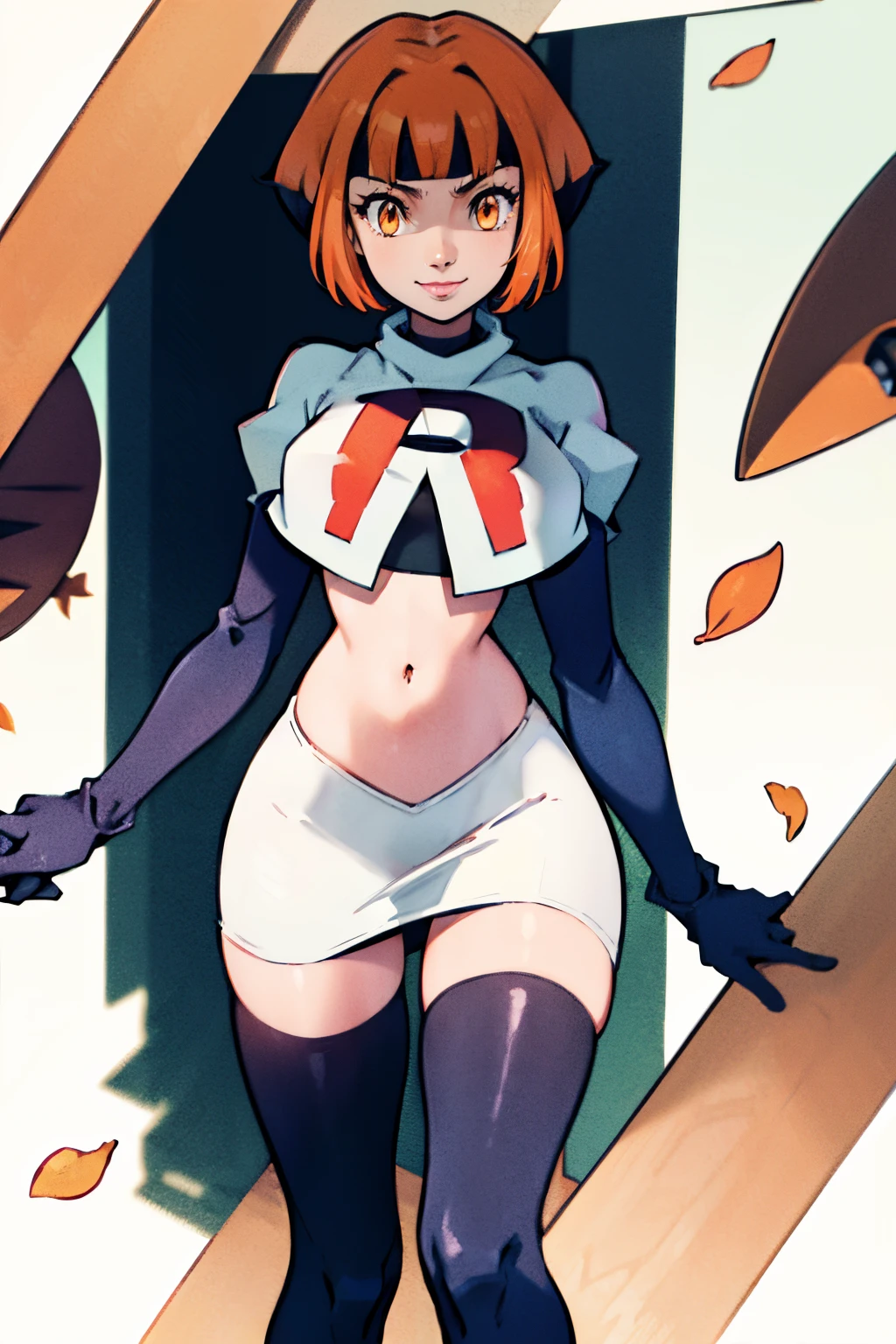 pokemongardenia, bob cut, multicolored hair, (orange eyes:1.5), orange hair, petals, short hair, two-tone hair,, team rocket, team rocket uniform, red letter R, white skirt, white crop top, black thigh-highs, black elbow gloves, evil smile, cowboy shot