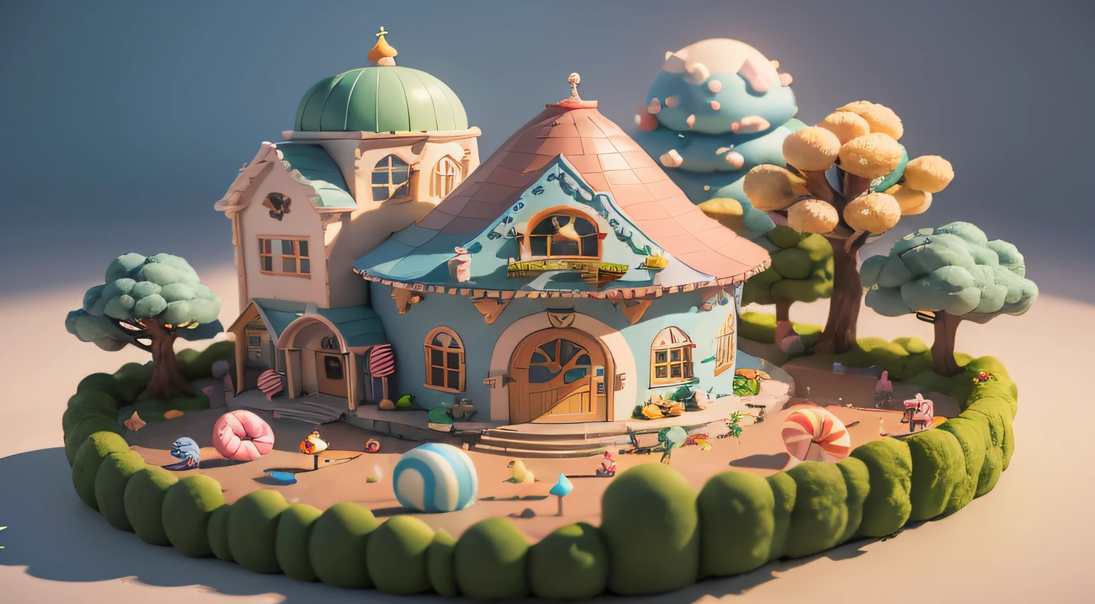 (cute world of candy, full size 3d candyland), highly detailed, super cute, superb lighting, volumetrics, by Jon Klassen, Ghibli Studio style, Tilt - shift, 80mm lens, unreal engine, Large aperture, 3d, blender, masterpiece, super detail, best quality, --v6