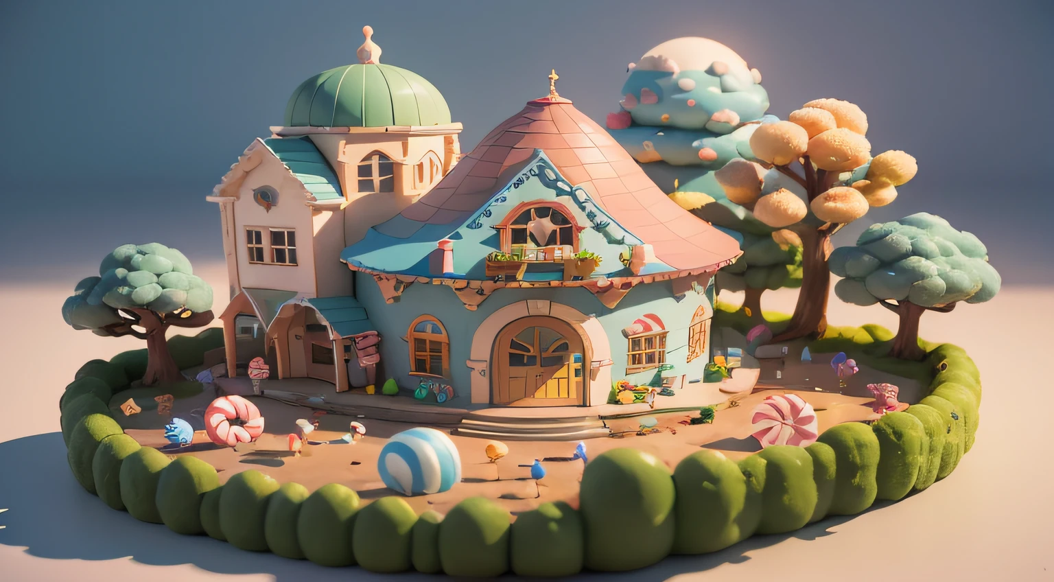 (cute world of candy, full size 3d candyland), highly detailed, super cute, superb lighting, volumetrics, by Jon Klassen, Ghibli Studio style, Tilt - shift, 80mm lens, unreal engine, Large aperture, 3d, blender, masterpiece, super detail, best quality, --v6