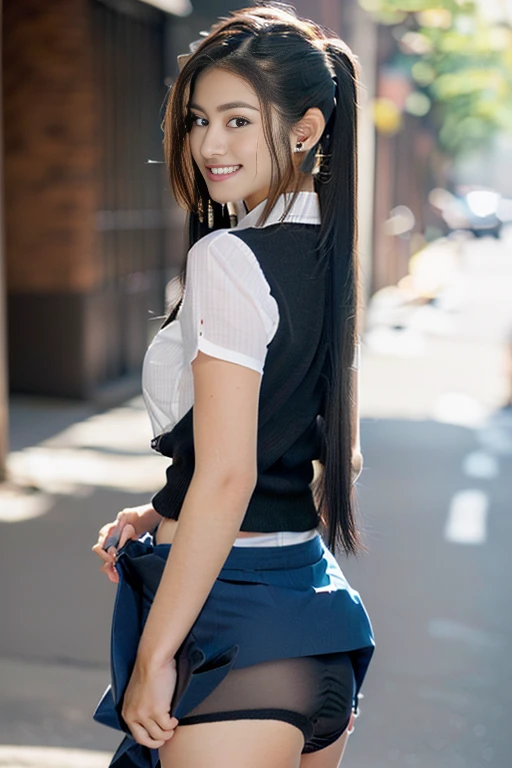 Costumes that change every time,((Never take off your underwear:1.4))((best qualtiy, 8K, tmasterpiece:1.3)), sharp:1.2, Perfect figure beautiful woman:1.4, Slim abs:1.2, ((Beautiful hairstyles, huge udder:1.5)), (Costumes that change every time：1.5），（Street：1.2），(((Pull up your skirt,  With their own hands.：1.5)))，Highly detailed facial and skin texture，A detailed eye，二重まぶた，A sideways glance at the camera，Change the color of pants with one image.,Sweet smile,((The woman in the back is wearing a skirt:1.4))