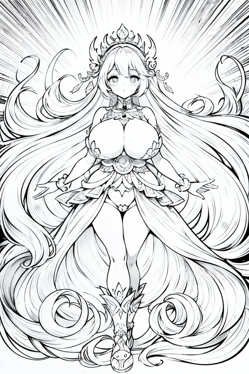 Line art of goddess , mono color, gigantic breast, lineart, monochrome