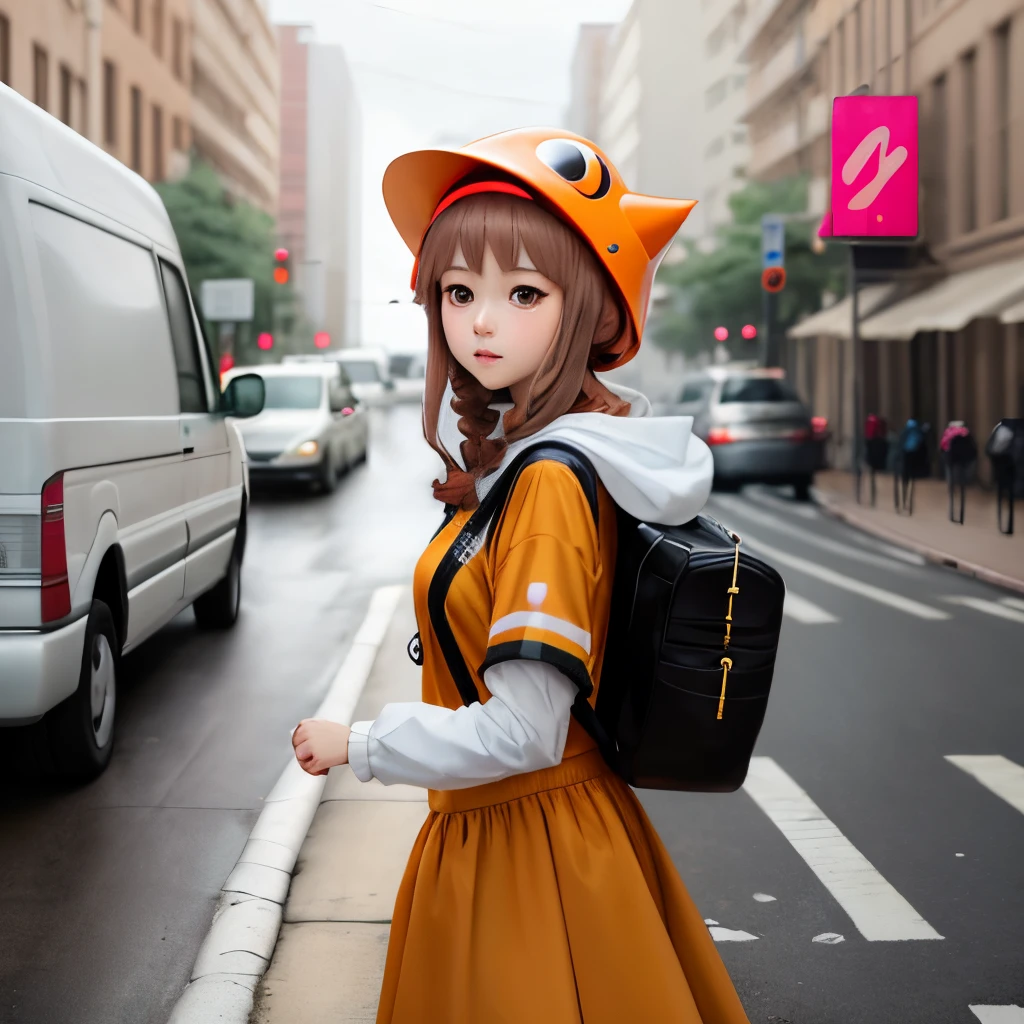 anime girl with a traffic cone on her head