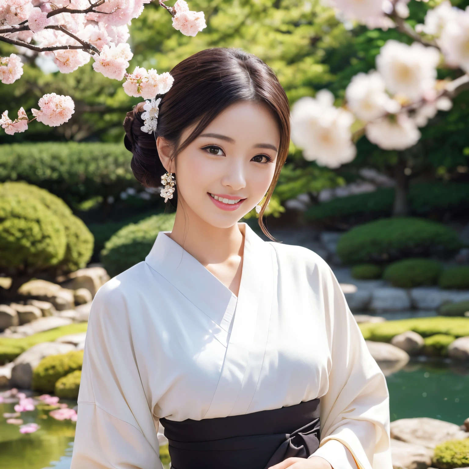 ((top-quality、masutepiece、8K、Top image quality、super-fine))、((1 beauty、A beautiful woman stands gracefully、Photo from the waist of a woman))、very elegant appearance、very luxurious kimono、classy chignon、Perfect makeup、Gorgeous hairpin on your head、The background is a Japanese garden.、Beautiful garden with gravel、Luxury inn garden、cherry tree in full bloom、springtime、cherry trees、View of the garden from the inn、The most luxurious and elegant Japanese garden、The most gorgeous Japanese garden in the world、Large pond、She's looking at me、Smile at me、perfect anatomia、A detailed face、Perfect fingers