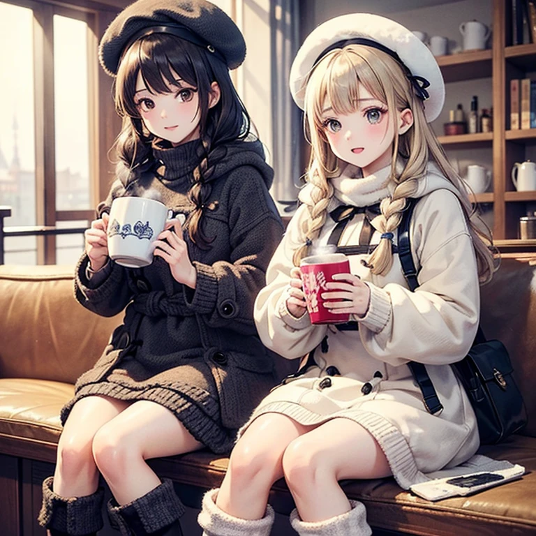 masutepiece, Best Quality, Ultra-detailed,
An ultra-fine illustrations, intricate detailes, focus on girl, Details Light 1 Girl,
Extremely detailed，8K，loose and fluffy long hair,,，Fluffy beret，Knitted dresses，Duffel coat，braided boots，The background is a stylish café，I&#39;m holding a mug with hot steam in both hands.