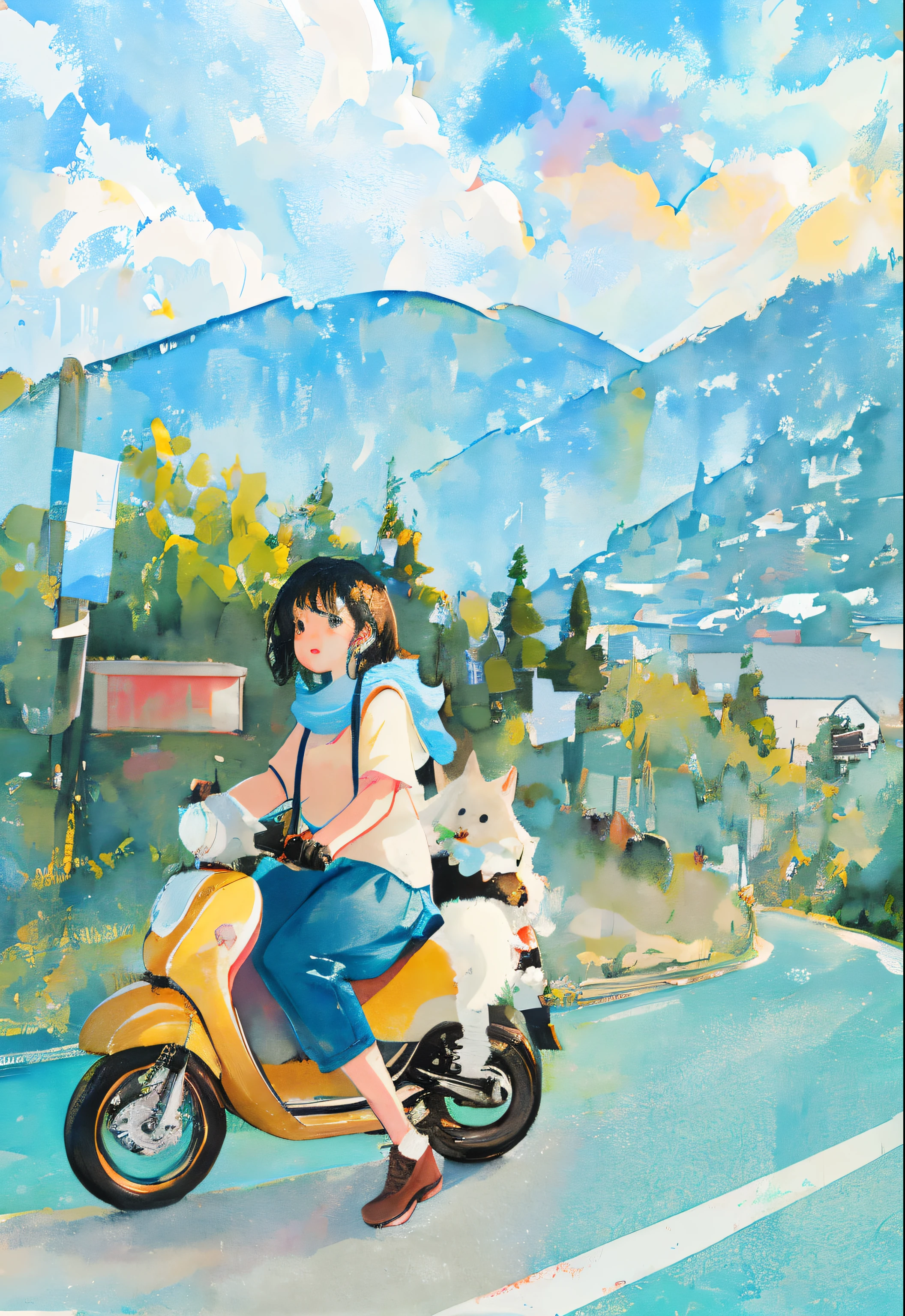 Painting of a girl riding a motorcycle on the road,There is a dog on the back, Watercolor illustration style, Watercolor illustration, girl, riding on the moped scooter, cute illustration, road to the sea, painting illustration, riding on the road, A beautiful artistic illustration, cute women, illustratio!, lofi-girl, Children's book illustration, cover illustration, Illustration drawing