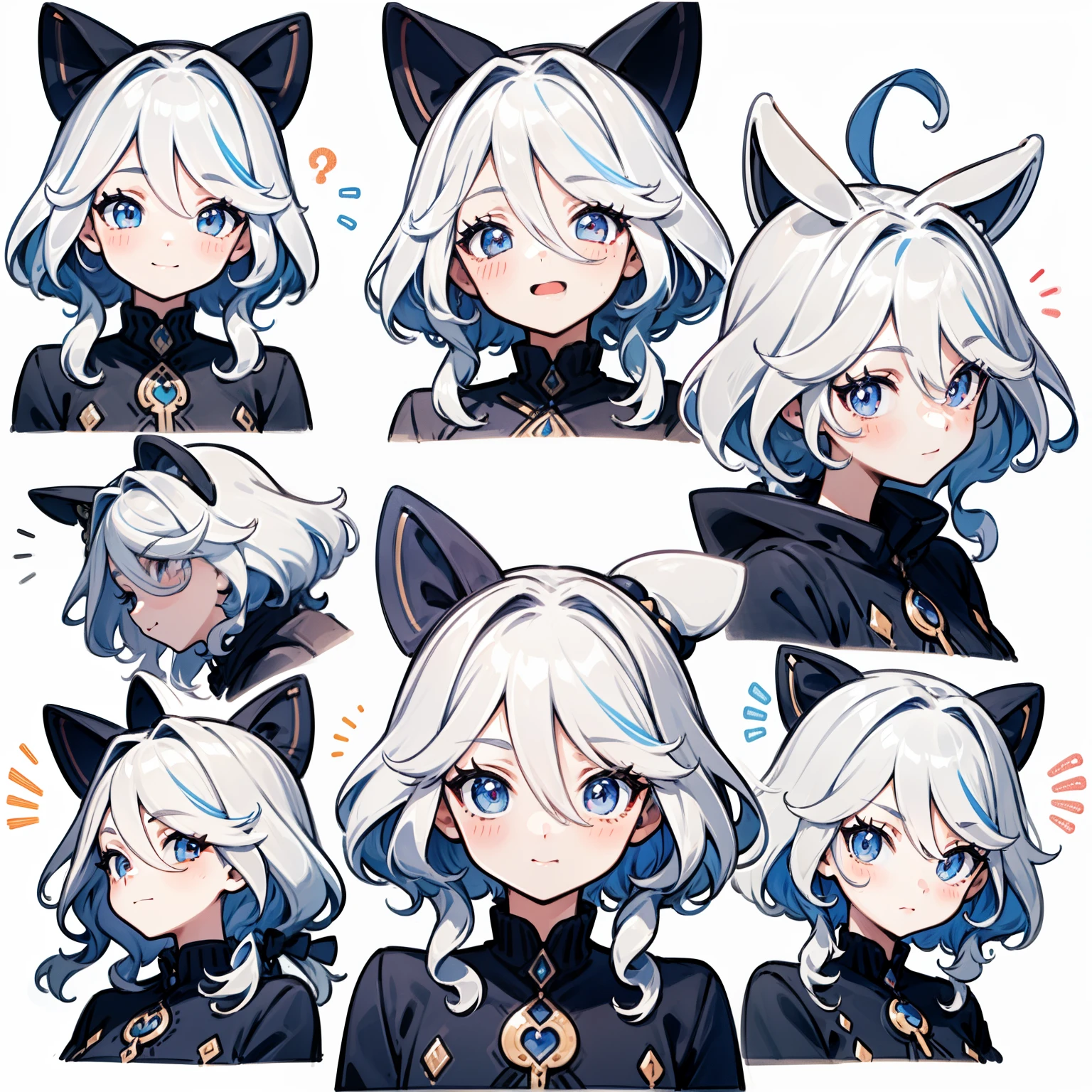 Cute  girl s，Emoticon pack，9 emojis，emoji sheet，Align arrangement，9 poses and expressions，Game-like，Game Character、GenshinImpact、character designs，9 different emotions，9 poses and expressions，8K、Transparent watercolor、Detailed picture、depth of fields、lively girl、The best smile