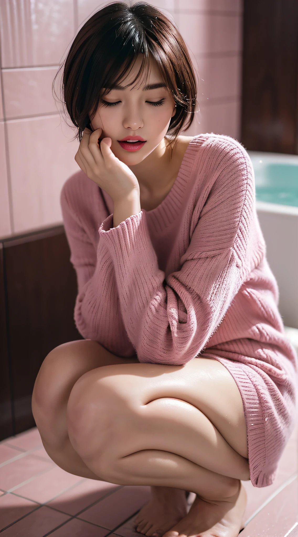 Japan girl, dark bathroom, sweater, so short hair, full body, one girl, closed eyes, ((very beautiful portrait)), (wet skin))), RAW photos, (masterpiece, top quality, hyper detail, cinema lighting, intricate detail, high resolution, 8K, very detailed), detailed background, 8K UHD, DSLR, soft lighting, high quality, Film Grain, Fujifilm XT3, Shallow Depth of Field, Squatting Cowgirl, , Gonzo, Open Mouth, Red Collar: 1.2), (Thick Lips, Pink Lips: 1.3), (Pink Eyeshadow: 1.2), (Full Body Lotion: 1.3), In the Tub