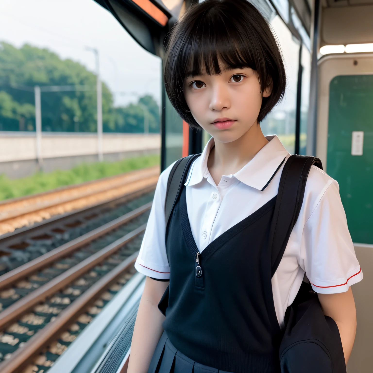 nsfw, 1girl like boy , 15 years old looking at viewer, train, alpenglow, overcast, pale skin, petite, black hair, short hair, blunt bangs, expressionless, black eyes, black mouth mask , flat chest, small nipples, school uniform, standing,