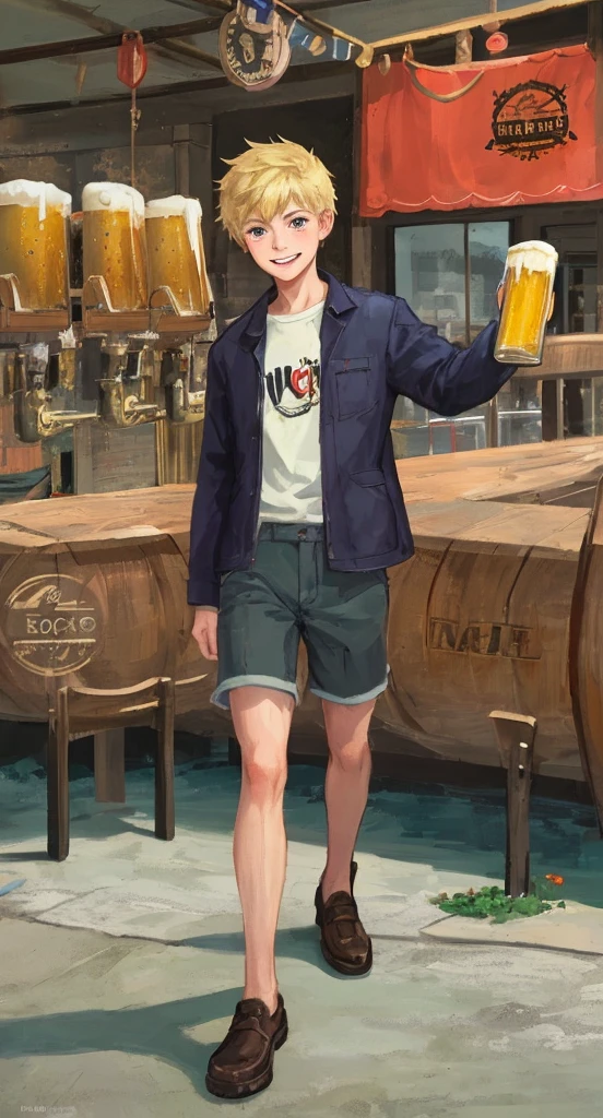 a blond,Adults,twinks,illustratio,beer,Fashionable,a smile,cheers,Beer in one hand,