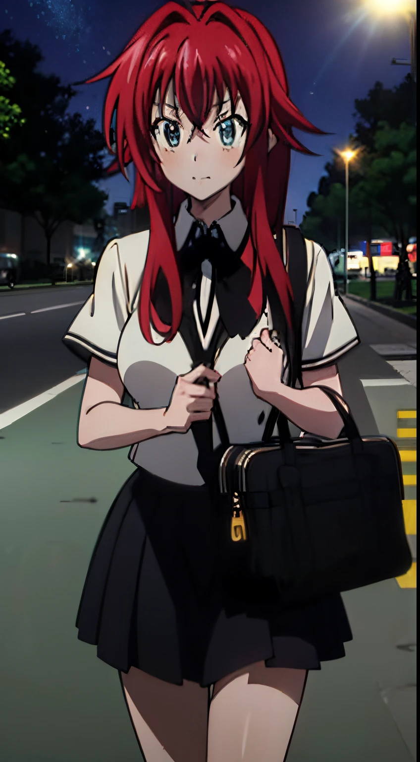 masterpiece, best quality, 1girl, long hair, looking at viewer, :3, cute, black school uniform, outdoors, streets, cowboy shot, large breasts, curvy, (((blue eyes))),  rias gremory, red hair, antenna hair,  wavy hair, ((beautiful detailed eyes, beautiful detailed glow, lots of glow)), anime screencap,night, park, sky full of stars,carrying school bag, carrying a phone